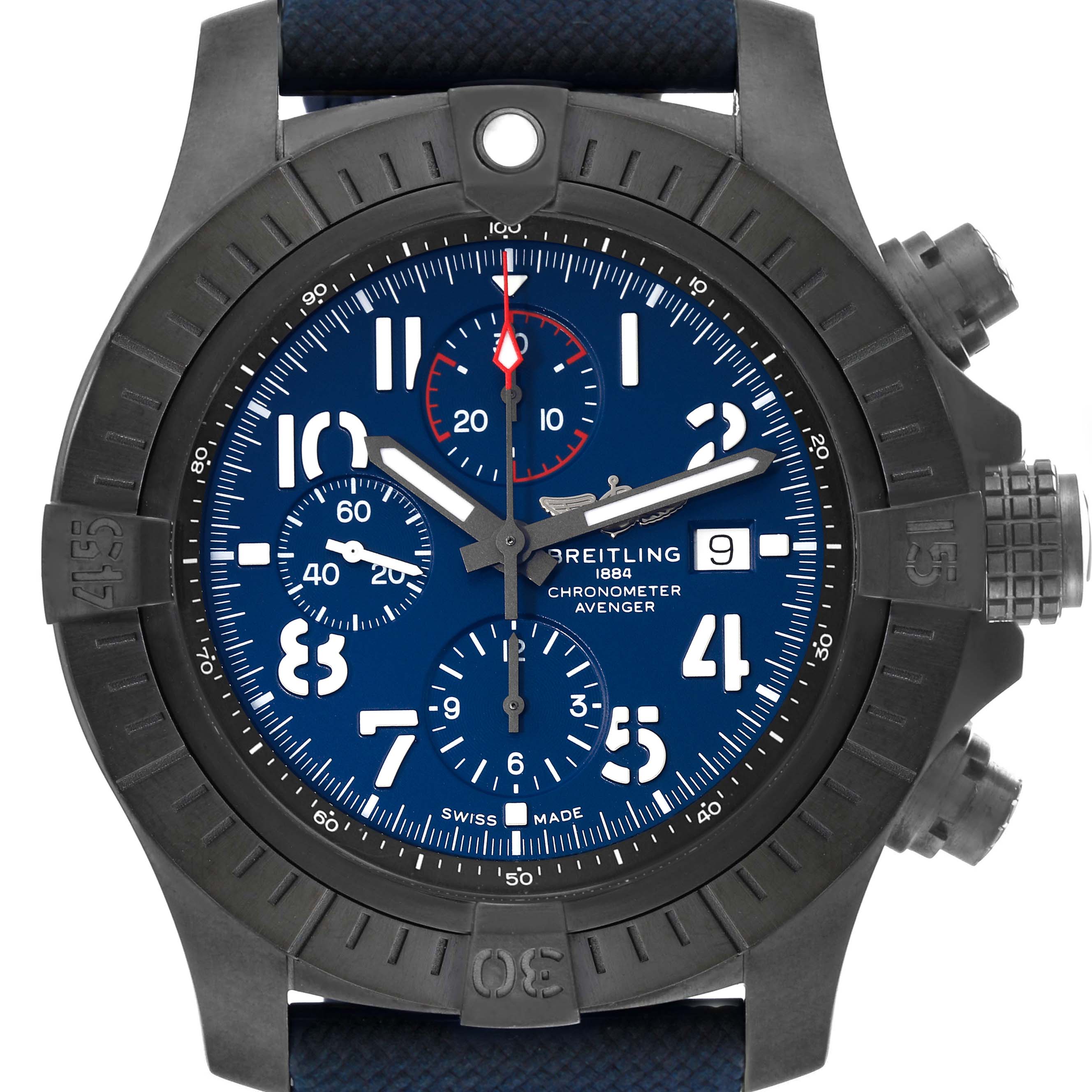 This image shows a front view of a Breitling Avenger V13375 Men's Titanium Blue Dial V13375 Men's Titanium Blue Dial watch, highlighting the dial, bezel, and pushers.
