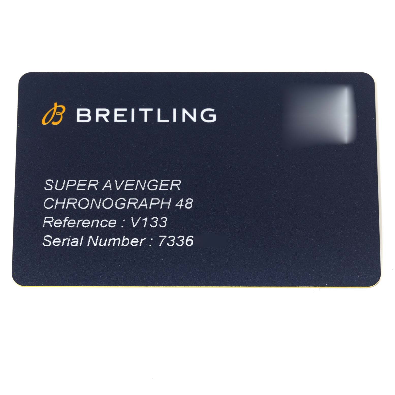 The image shows an identification card for the Breitling Super Avenger Chronograph 48 model, with reference number V133 and serial number 7336.