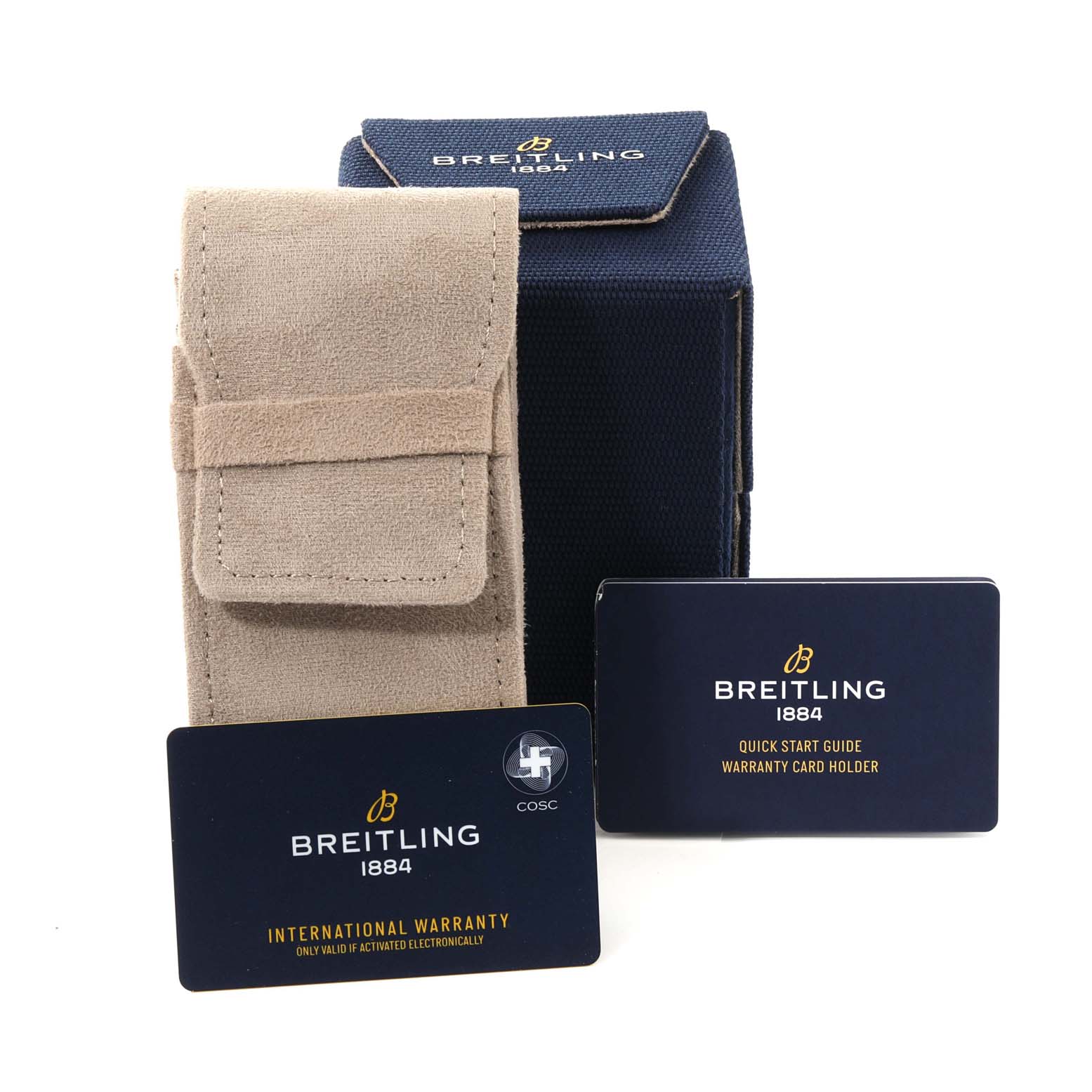 The image shows the Avenger model watch accessories by Breitling, including a carrying pouch and two warranty cards.