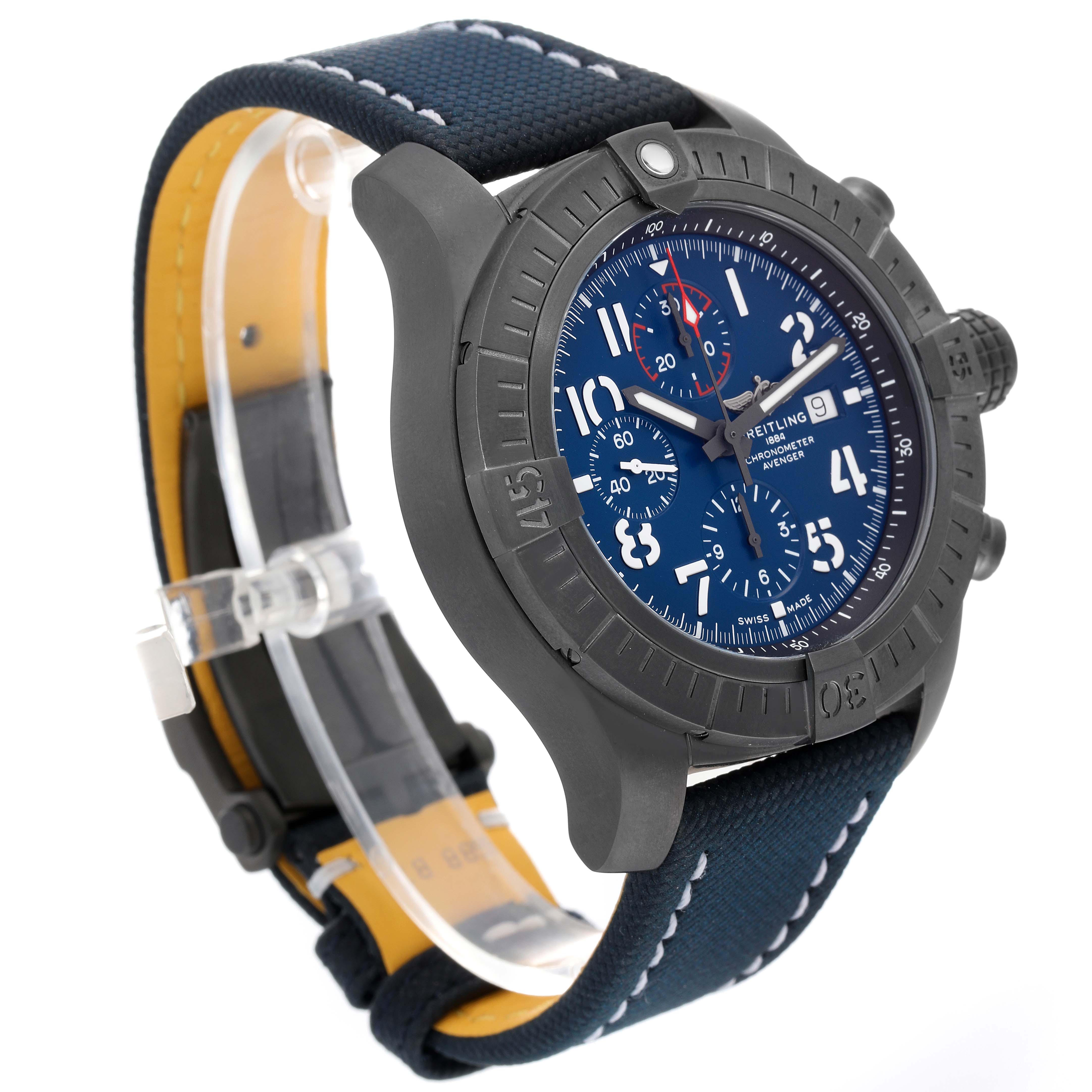The image shows a Breitling Avenger V13375 Men's Titanium Blue Dial V13375 Men's Titanium Blue Dial watch at a three-quarter angle, highlighting its face, bezel, and strap.