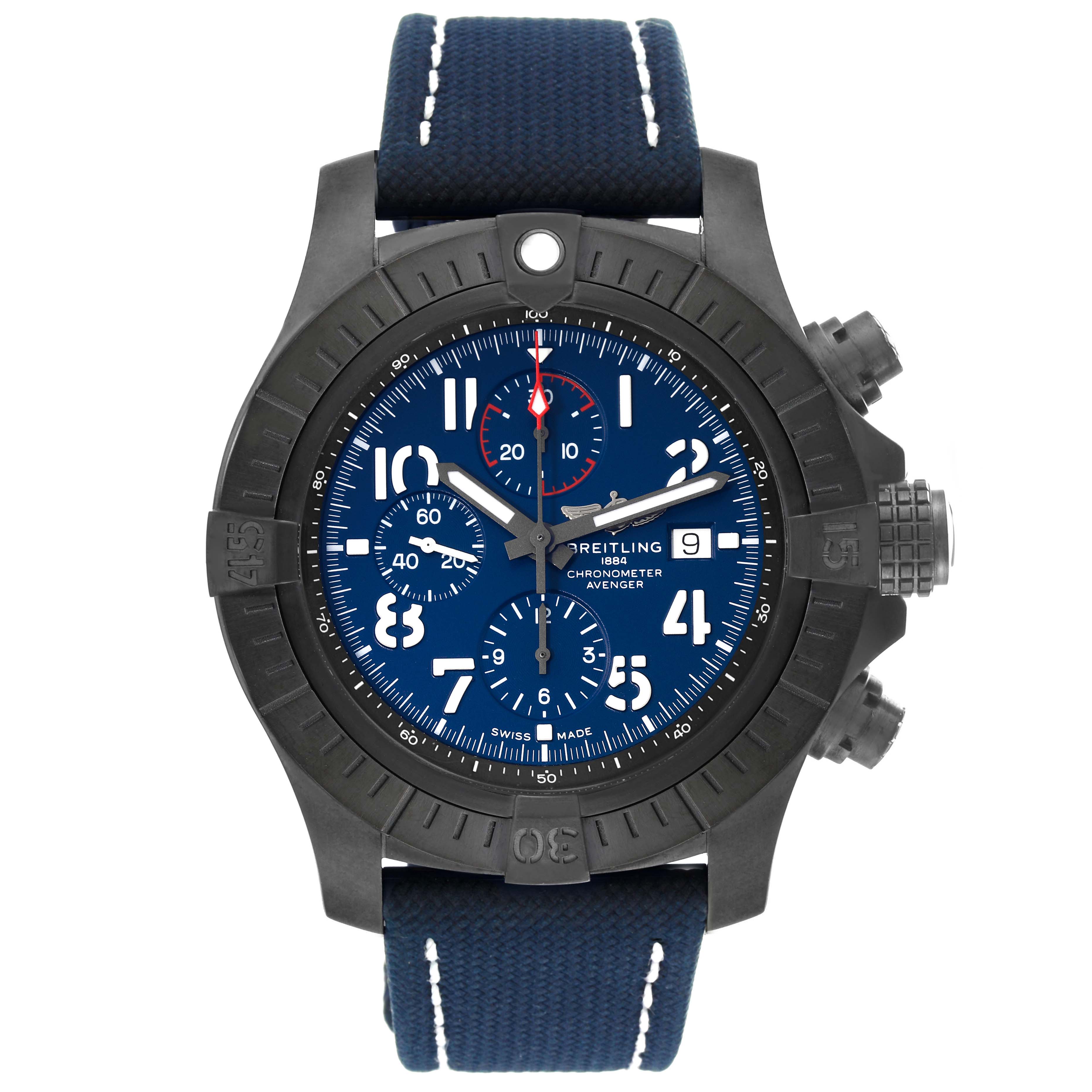 This Breitling Avenger V13375 Men's Titanium Blue Dial V13375 Men's Titanium Blue Dial watch is shown from the front, displaying the blue dial, bezel, subdials, and strap.
