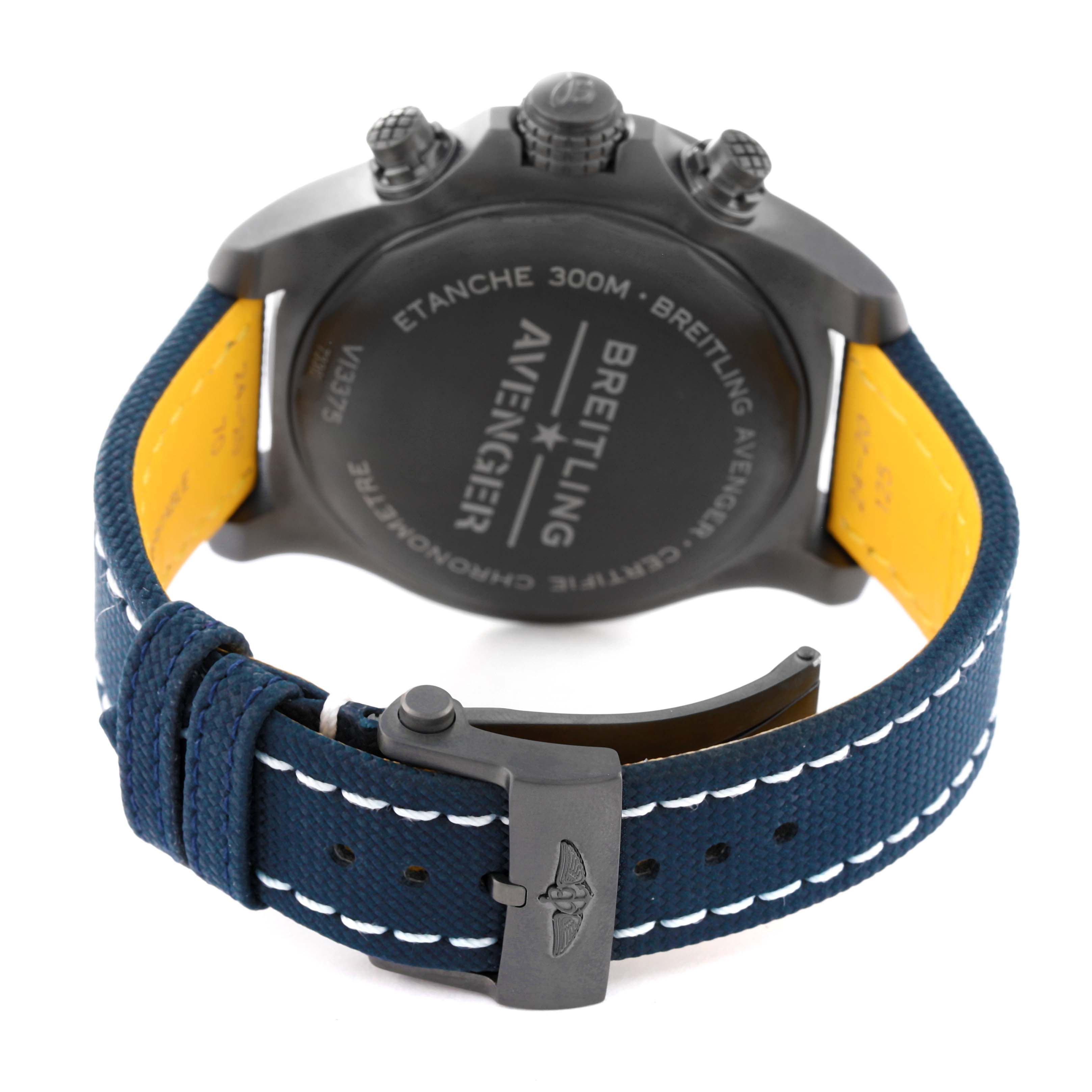 The image shows the back case and strap of a Breitling Avenger V13375 Men's Titanium Blue Dial V13375 Men's Titanium Blue Dial watch from a rear-angle view.