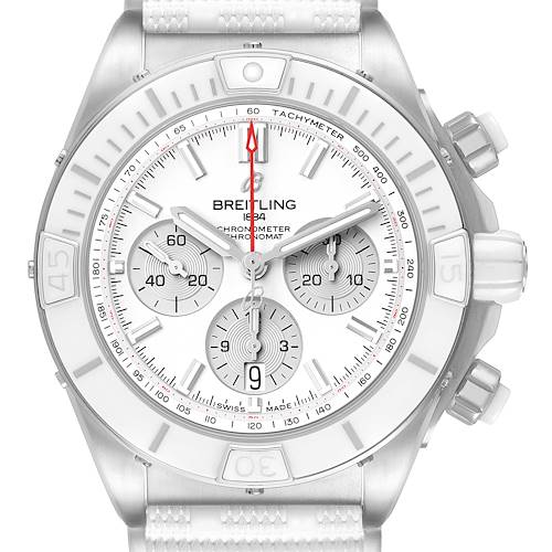 The image shows a front view of the Breitling Chronomat AB0136 Men's Stainless Steel White Dial watch face, highlighting its dials, tachymeter, and crown.