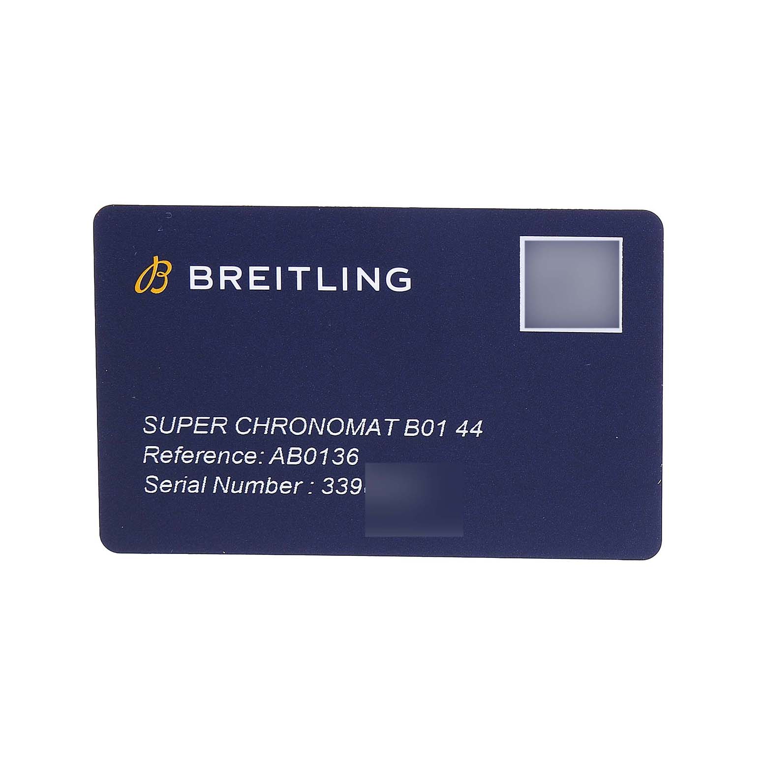 The image shows a Breitling Chronomat AB0136 Men's Stainless Steel White Dial model information card with details like reference and serial number.