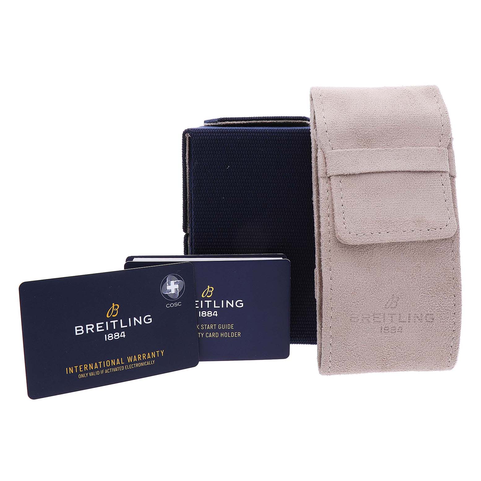 The image displays the packaging and accessories of a Breitling Chronomat AB0136 Men's Stainless Steel White Dial, including a pouch and warranty cards.