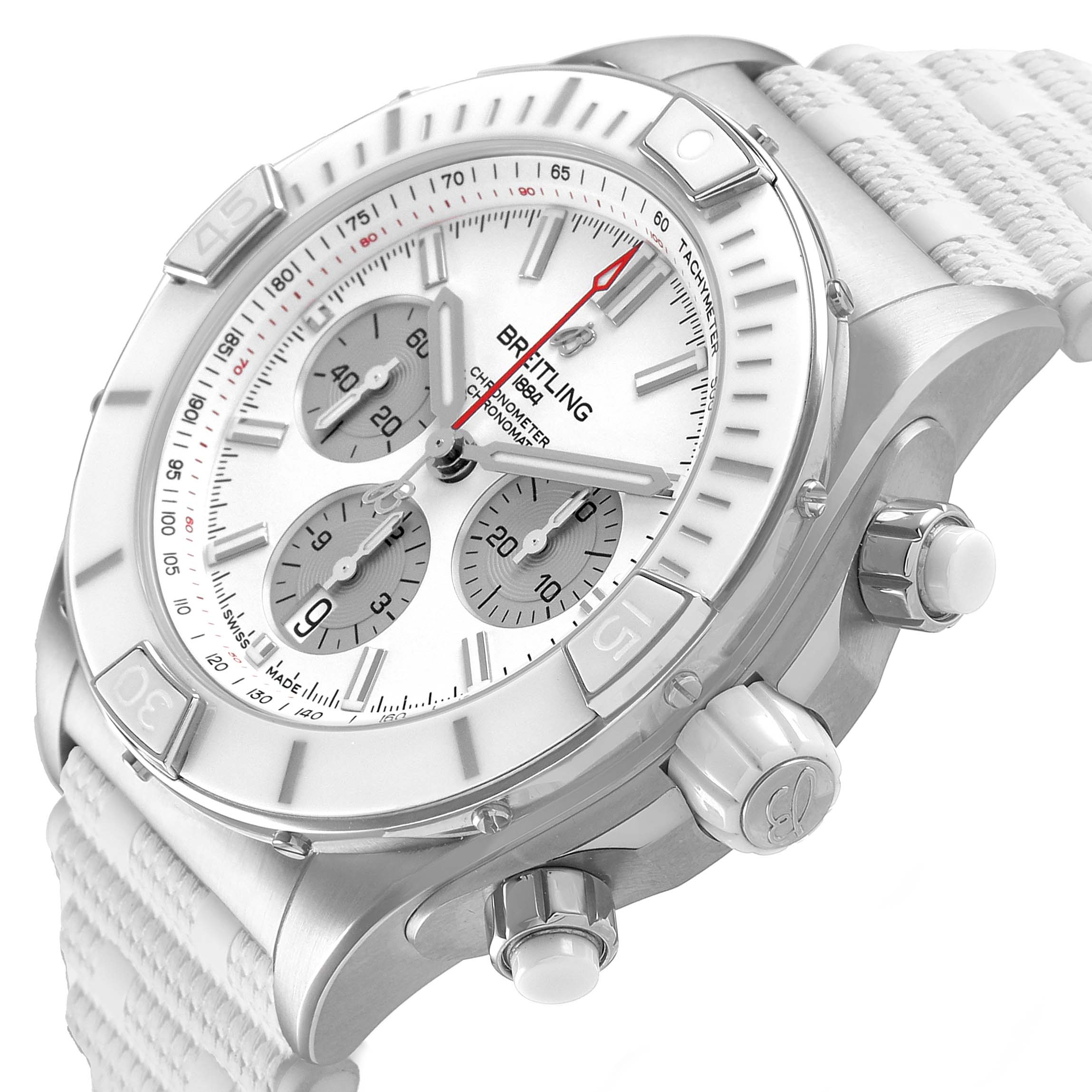 The Breitling Chronomat AB0136 Men's Stainless Steel White Dial watch is shown at a three-quarter angle displaying the dial, bezel, crown, pushers, and part of the strap.