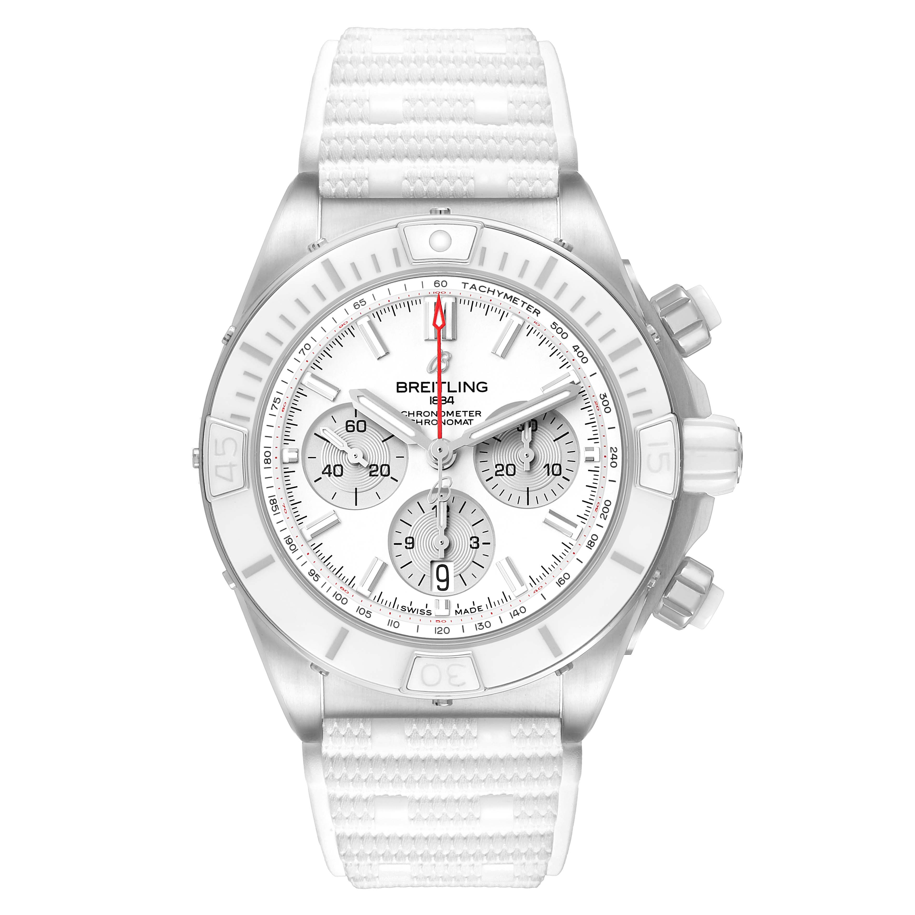 The image shows a front view of the Breitling Chronomat AB0136 Men's Stainless Steel White Dial watch, highlighting the dial, subdials, bezel, and strap.
