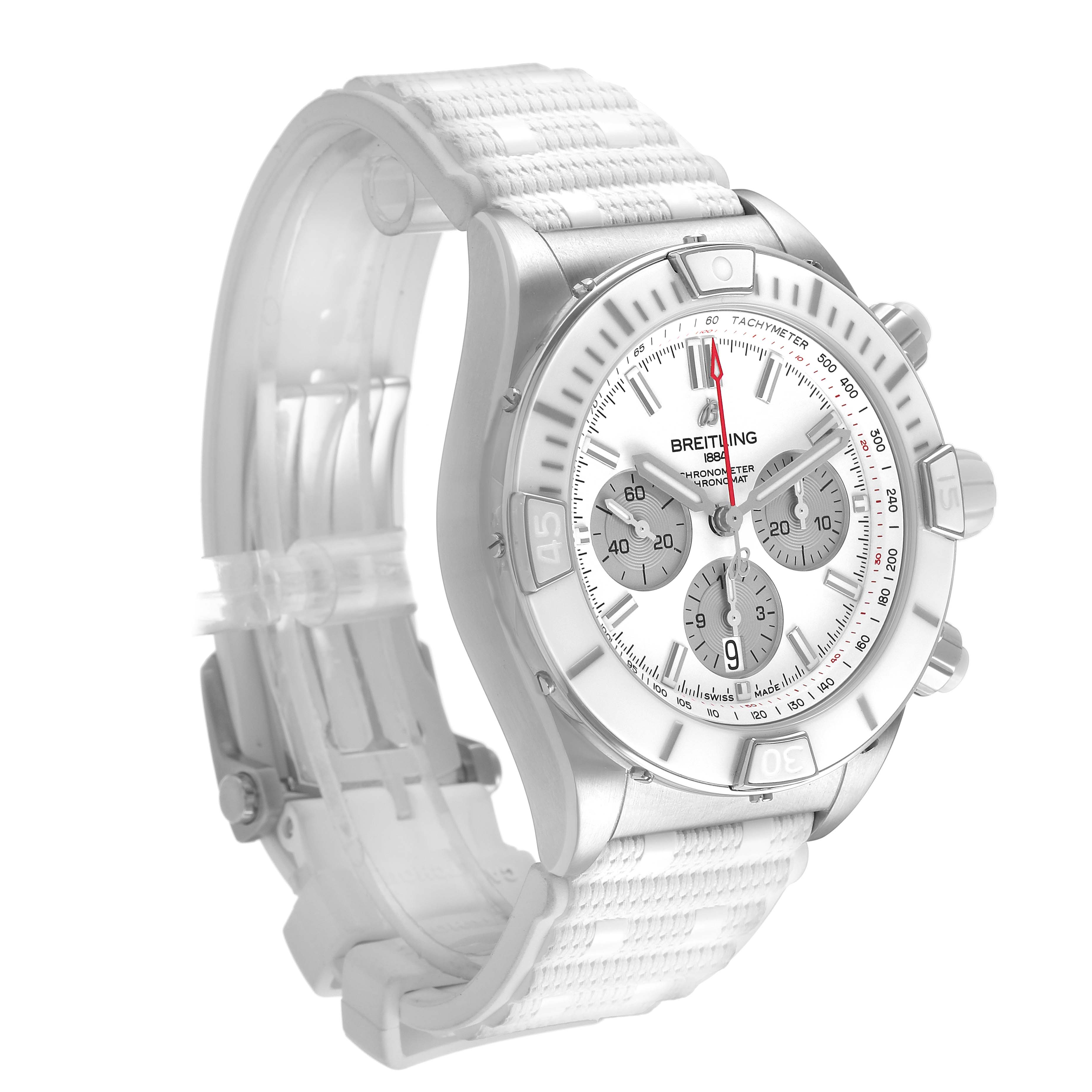 The Breitling Chronomat AB0136 Men's Stainless Steel White Dial watch is shown at a three-quarter angle, highlighting the face, bezel, and strap.
