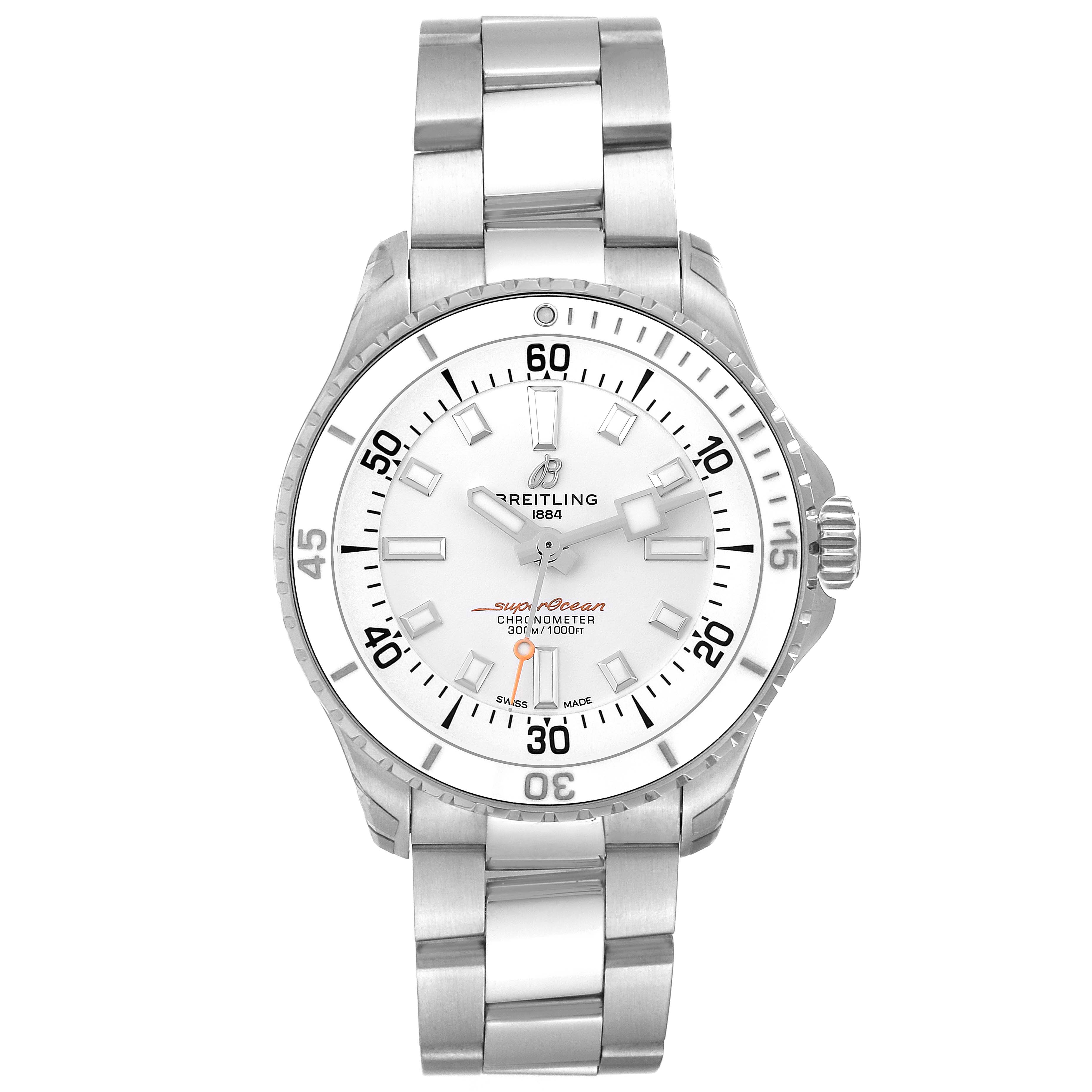 The Breitling A17377 Women's Stainless Steel White Dial A17377 Women's Stainless Steel White Dial Superocean 36 White Dial Steel Ladies Watch A17377 is shown from a front angle displaying the face, bezel, and bracelet.