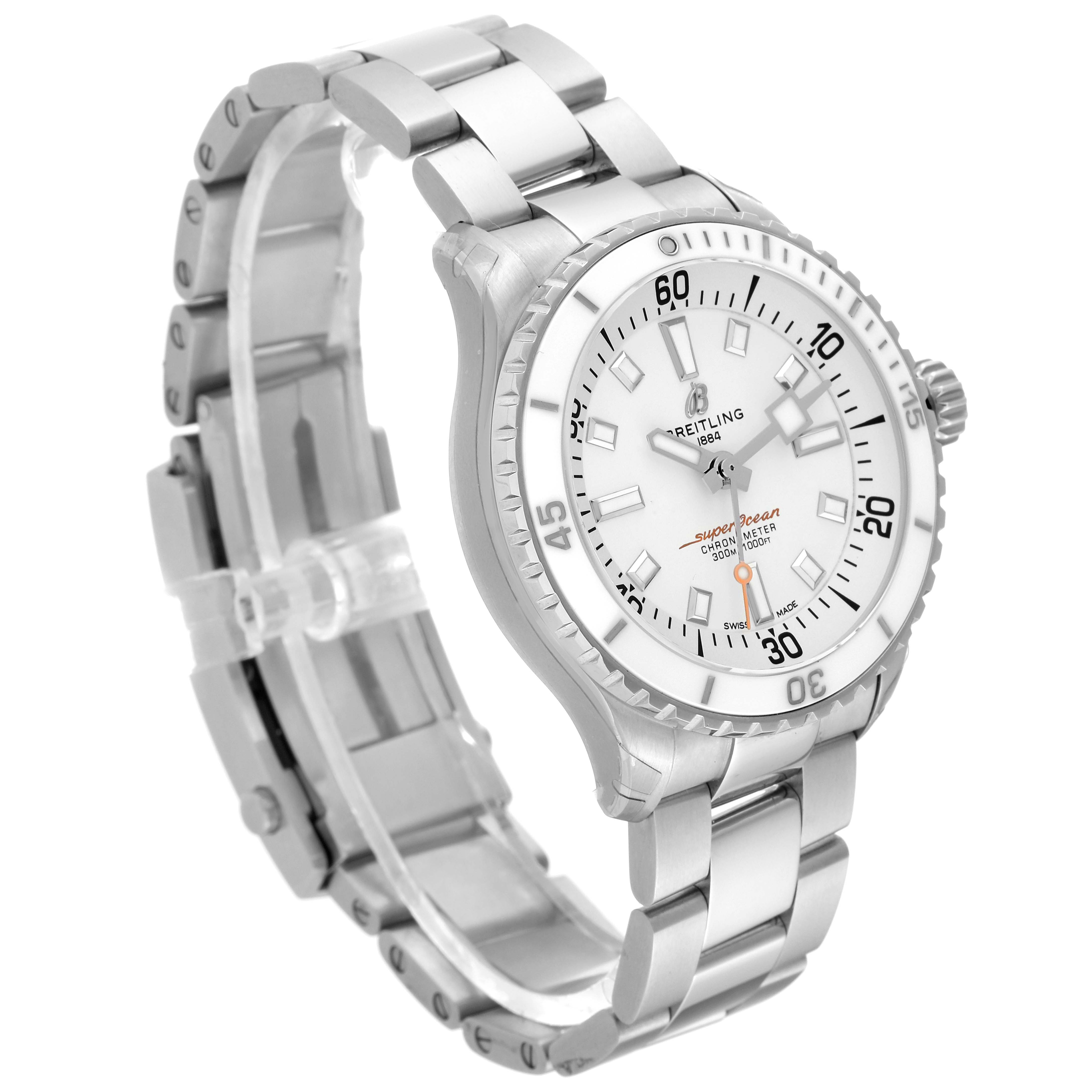 The Breitling A17377 Women's Stainless Steel White Dial A17377 Women's Stainless Steel White Dial Superocean 36 White Dial Steel Ladies Watch A17377 is shown at a three-quarter angle, highlighting the dial and bracelet.