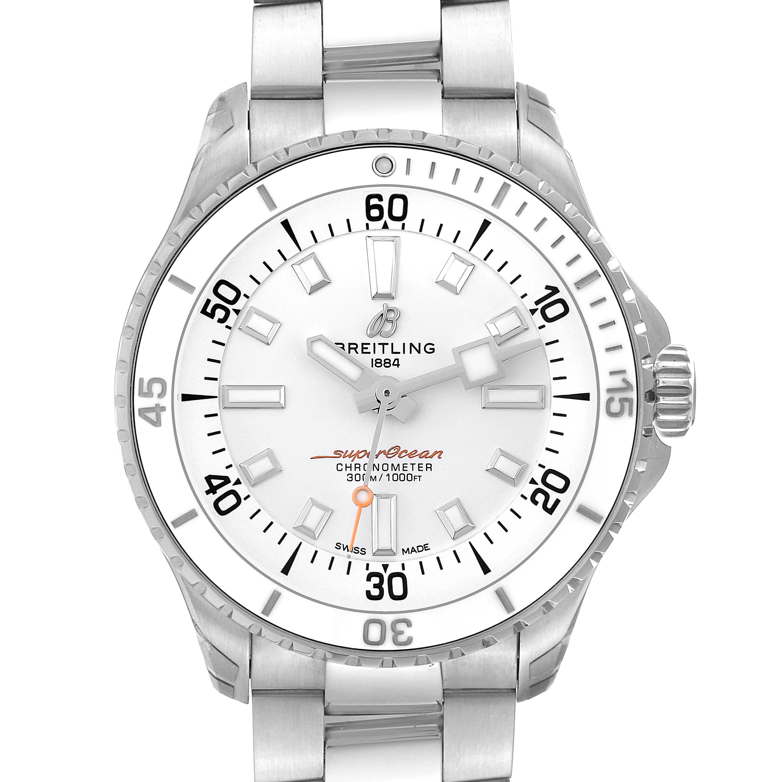 The image shows a front view of the Breitling A17377 Women's Stainless Steel White Dial A17377 Women's Stainless Steel White Dial Superocean 36 White Dial Steel Ladies Watch A17377 Unworn model.