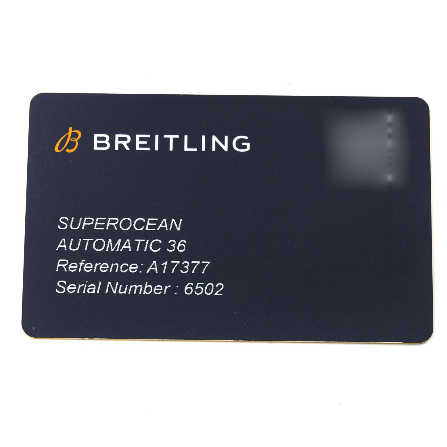 The image shows a warranty card for a Breitling A17377 Women's Stainless Steel White Dial A17377 Women's Stainless Steel White Dial Superocean 36 White Dial Steel Ladies Watch, model A17377.