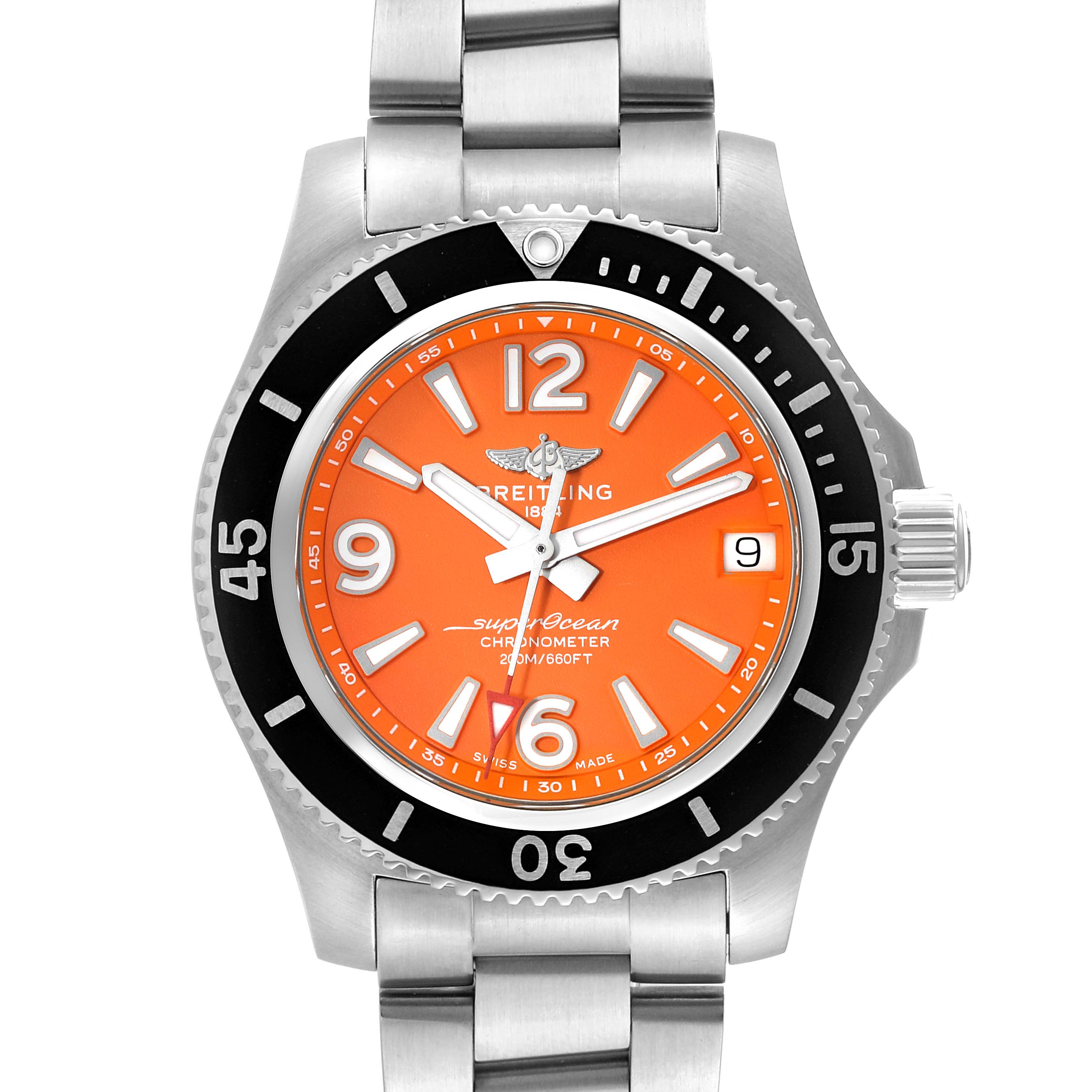 The image shows a front view of the Breitling A17316 Women's Stainless Steel Orange Dial A17316 Women's Stainless Steel Orange Dial Superocean 36mm Orange Dial Steel Ladies Watch A17316, highlighting its dial and bezel.