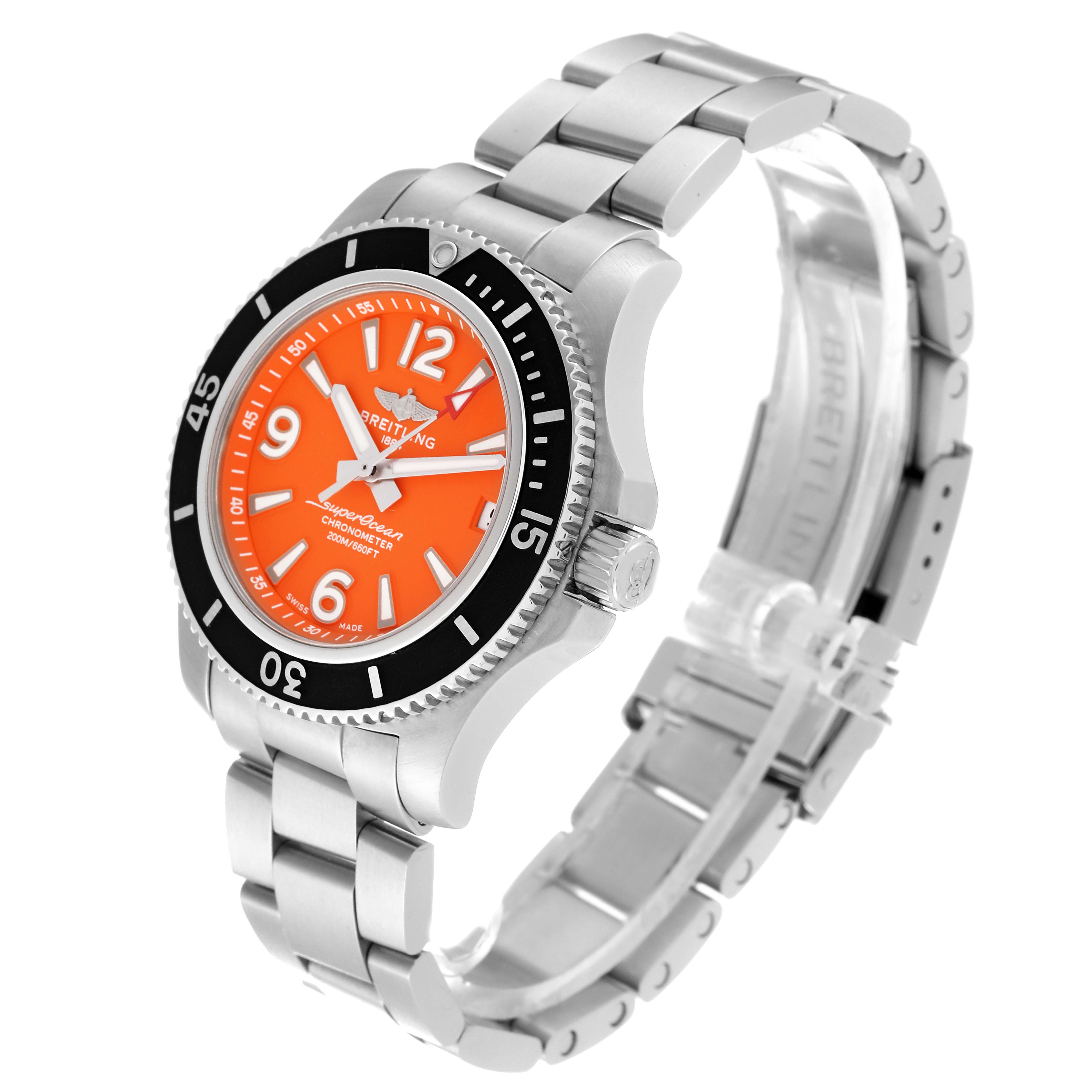 The image shows a Breitling A17316 Women's Stainless Steel Orange Dial A17316 Women's Stainless Steel Orange Dial Superocean 36mm Orange Dial Steel Ladies Watch A17316 Unworn, viewed from the front and left side, highlighting the dial and bracelet.