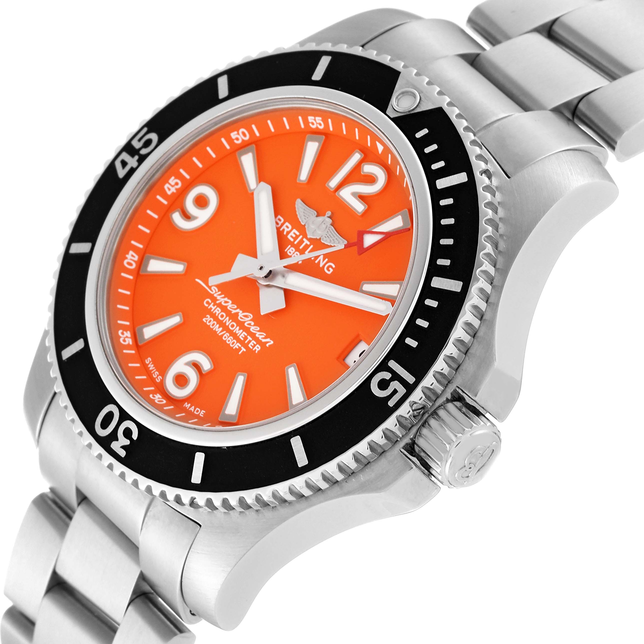 The image shows a Breitling A17316 Women's Stainless Steel Orange Dial A17316 Women's Stainless Steel Orange Dial Superocean 36mm Orange Dial Steel Ladies Watch A17316 Unworn from an angled side view, highlighting its bezel, dial, and bracelet.