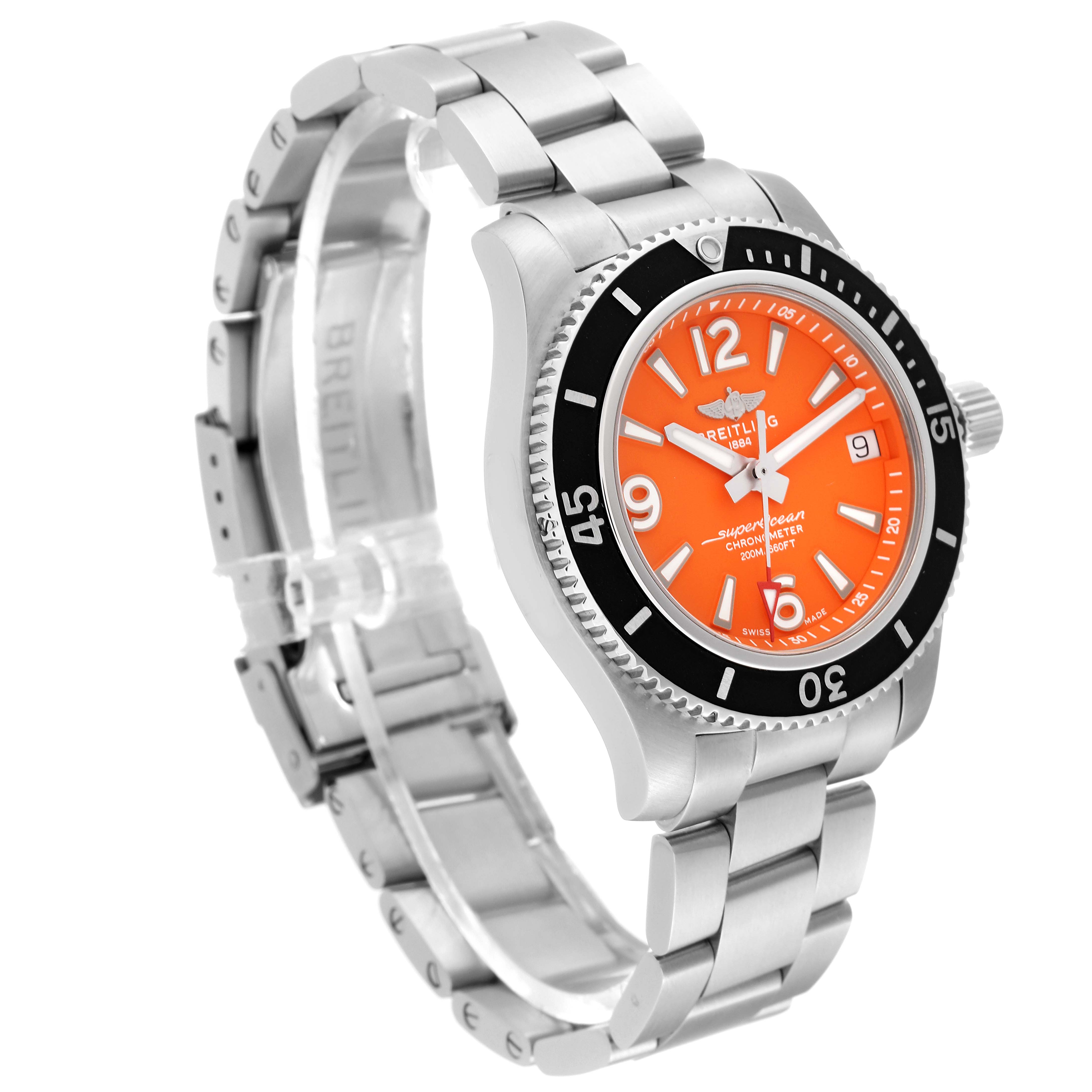 The image shows a Breitling A17316 Women's Stainless Steel Orange Dial A17316 Women's Stainless Steel Orange Dial Superocean 36mm Orange Dial Steel Ladies Watch A17316 at an angled view displaying its dial face, bezel, and bracelet.