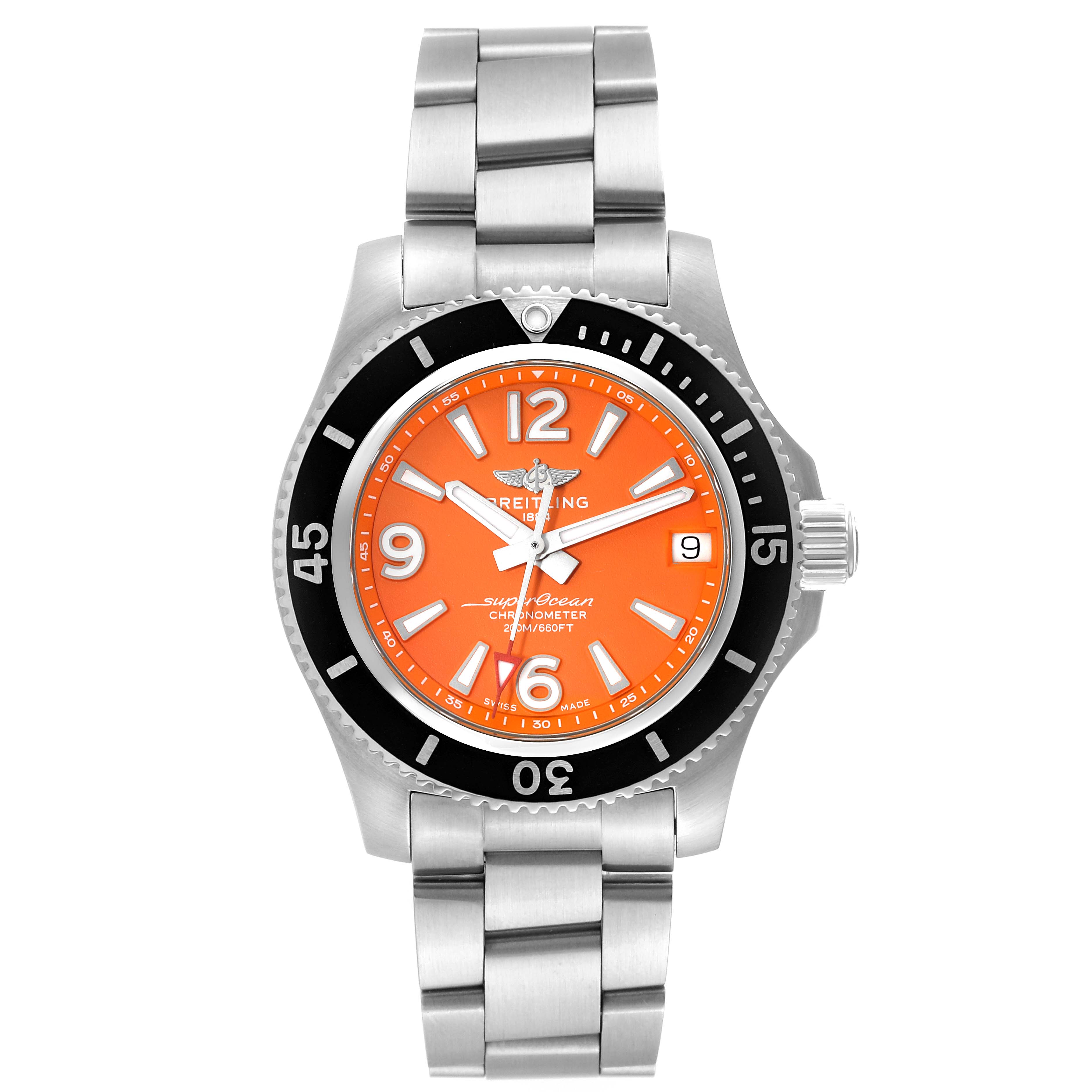 The Breitling A17316 Women's Stainless Steel Orange Dial A17316 Women's Stainless Steel Orange Dial Superocean 36mm A17316 shows a front view featuring its orange dial, black bezel, and stainless steel bracelet.