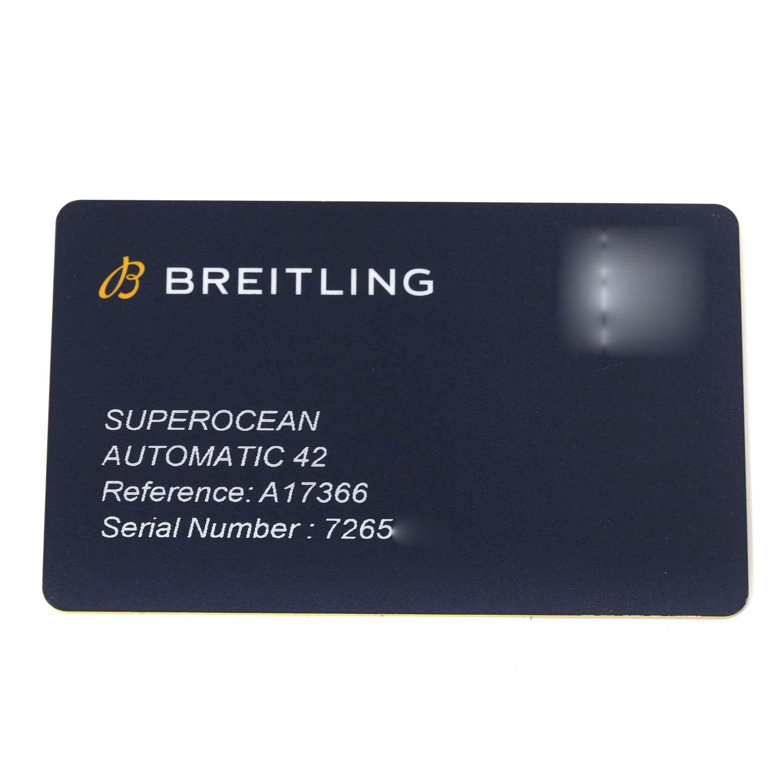 The image shows a warranty card for the Breitling Superocean A17366 Men's Stainless Steel Orange Dial A17366 Men's Stainless Steel Orange Dial Automatic 42 watch, displaying its reference and serial numbers.