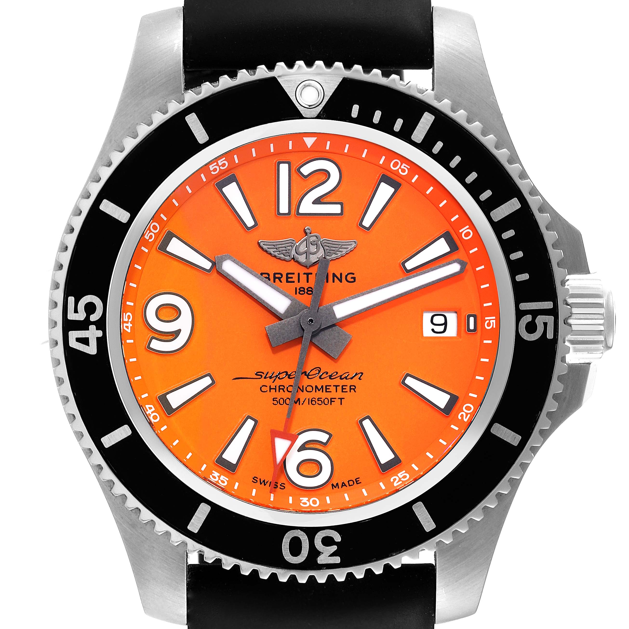 This Breitling Superocean A17366 Men's Stainless Steel Orange Dial A17366 Men's Stainless Steel Orange Dial model is shown from a top-down angle, highlighting its orange dial with large numerals and the black bezel.