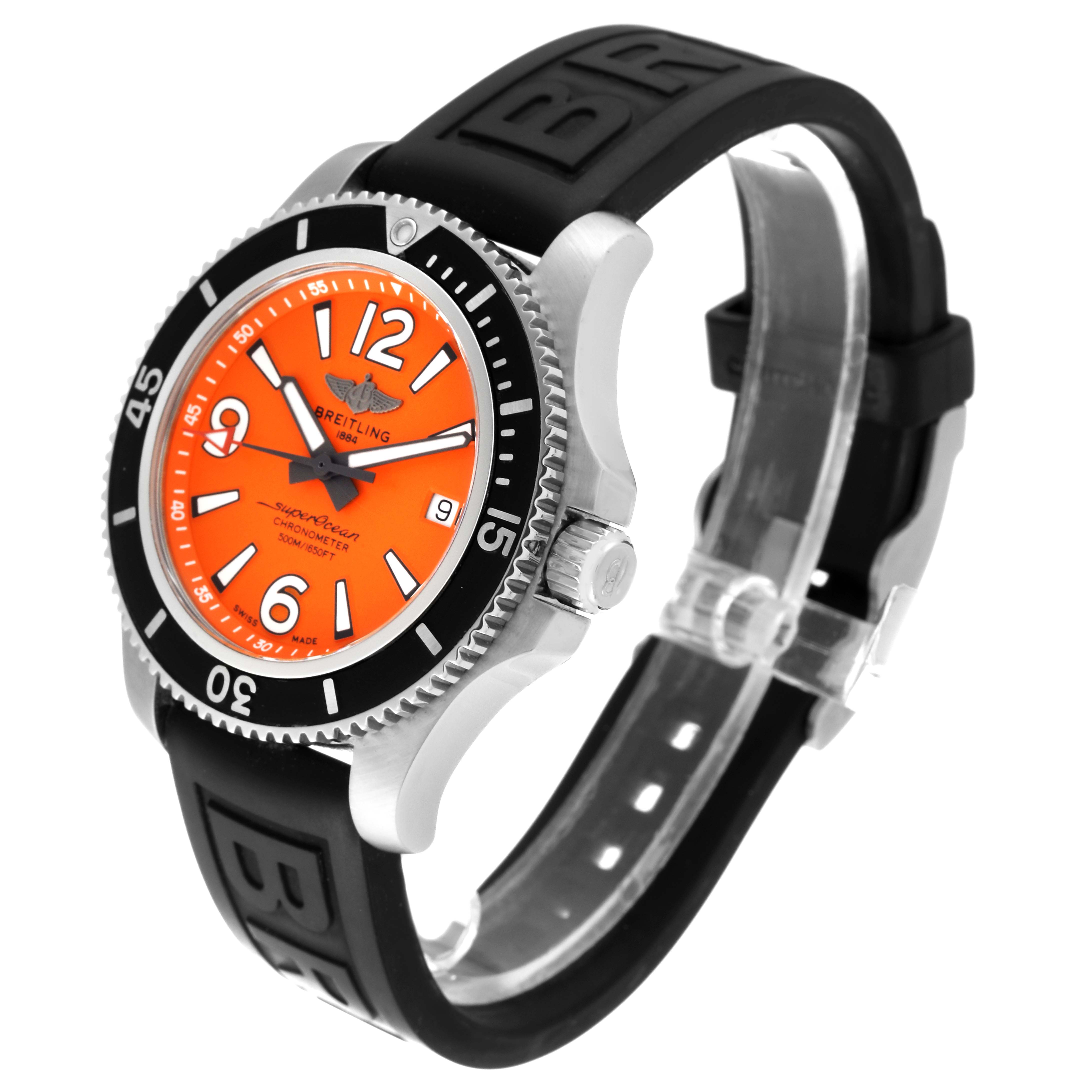 The Breitling Superocean A17366 Men's Stainless Steel Orange Dial A17366 Men's Stainless Steel Orange Dial watch is shown at a three-quarter angle, highlighting its orange dial, black bezel, and black rubber strap.