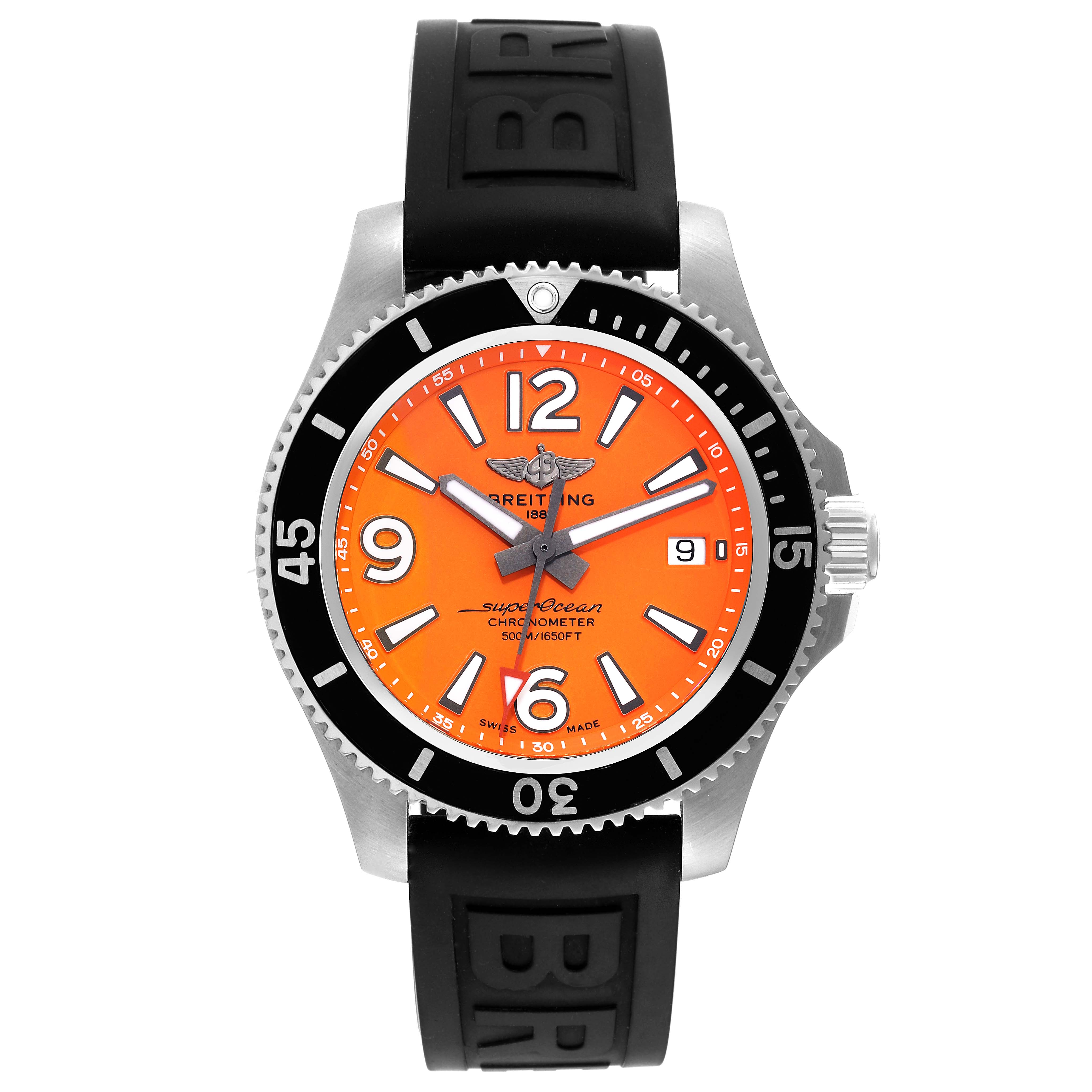 The image shows a front view of the Breitling Superocean A17366 Men's Stainless Steel Orange Dial A17366 Men's Stainless Steel Orange Dial watch with an orange dial and black rubber strap.