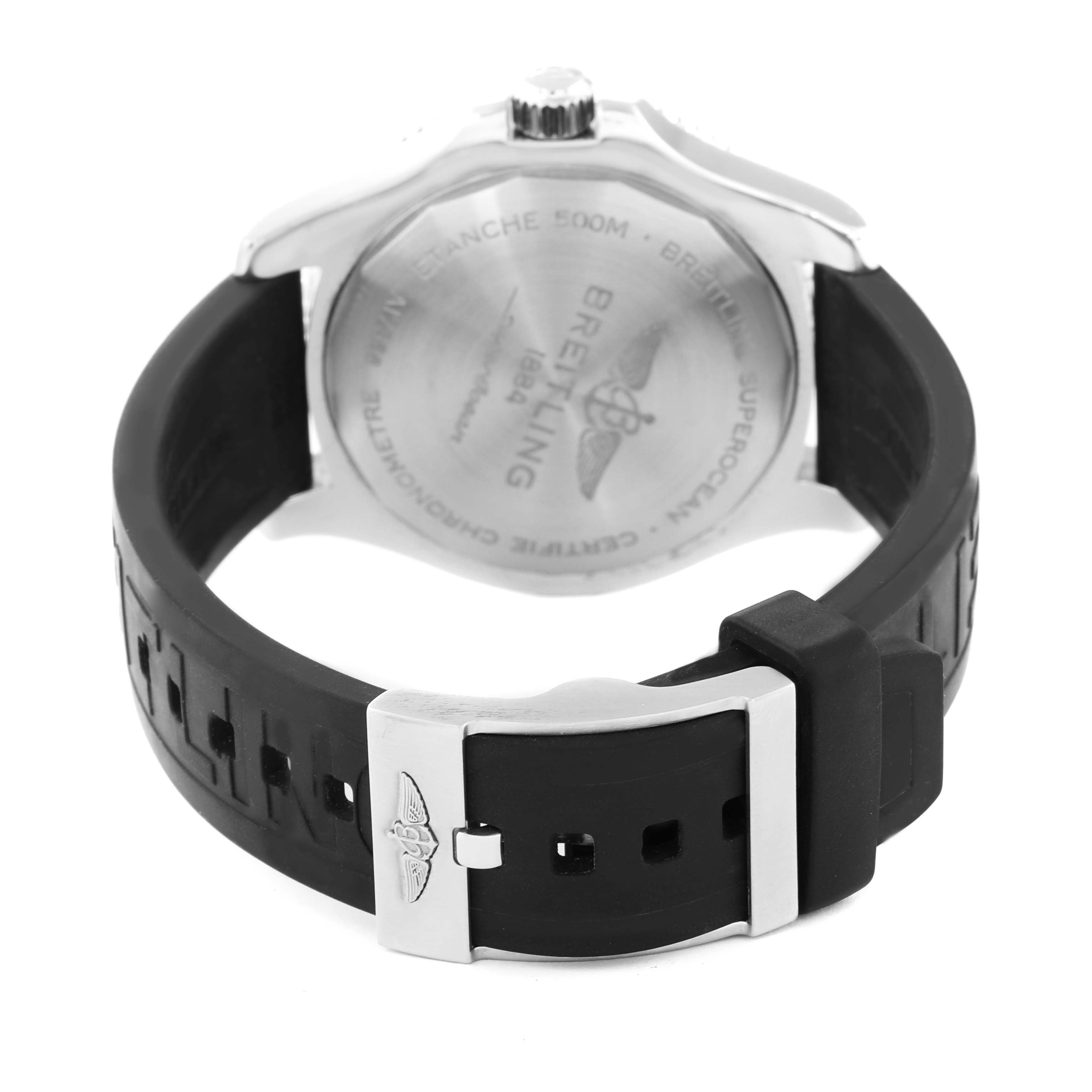 This image shows the back of the Breitling Superocean A17366 Men's Stainless Steel Orange Dial A17366 Men's Stainless Steel Orange Dial watch, highlighting the case back and rubber strap with buckle.