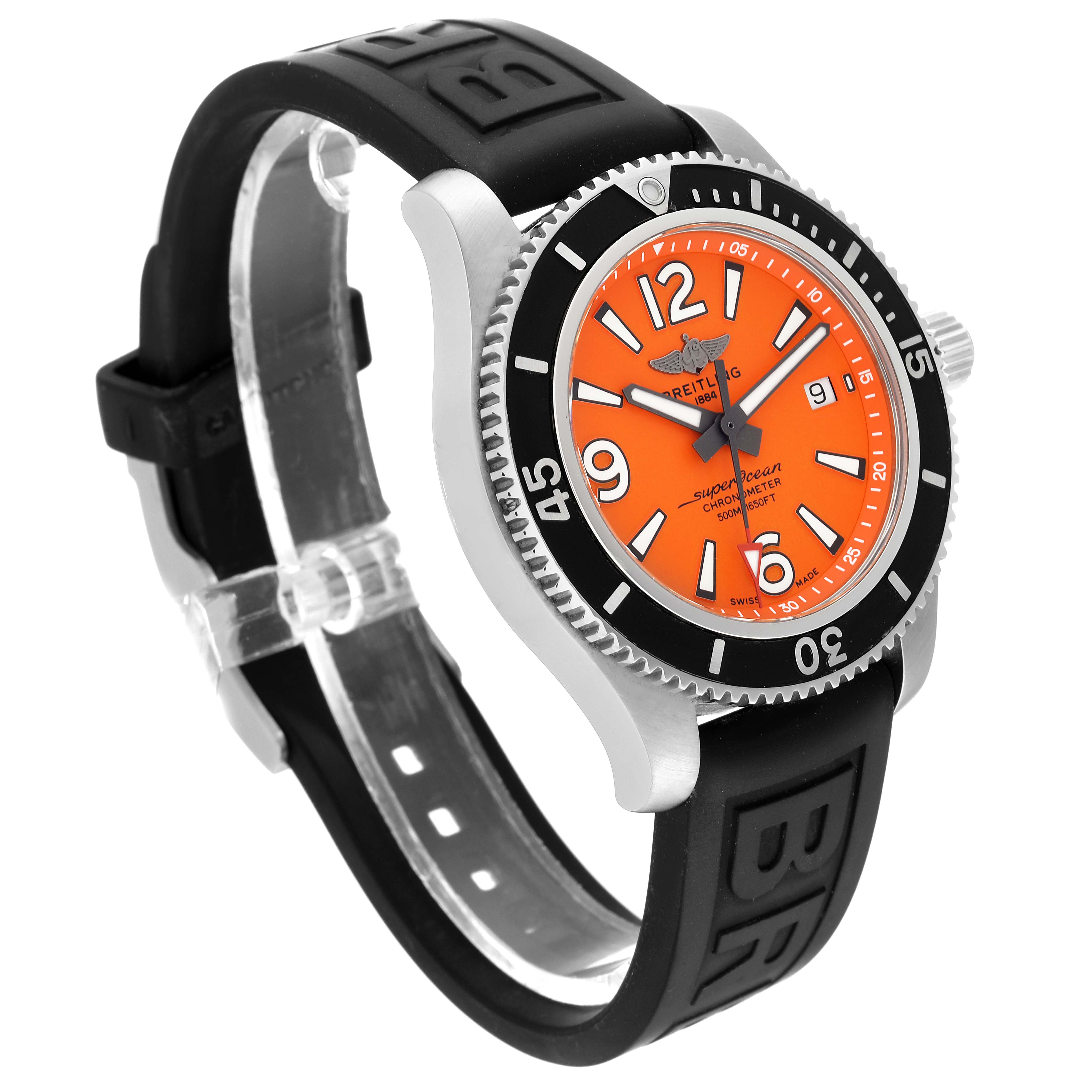 The image shows a Breitling Superocean A17366 Men's Stainless Steel Orange Dial A17366 Men's Stainless Steel Orange Dial watch at an angle highlighting the orange dial, black bezel, and black rubber strap.