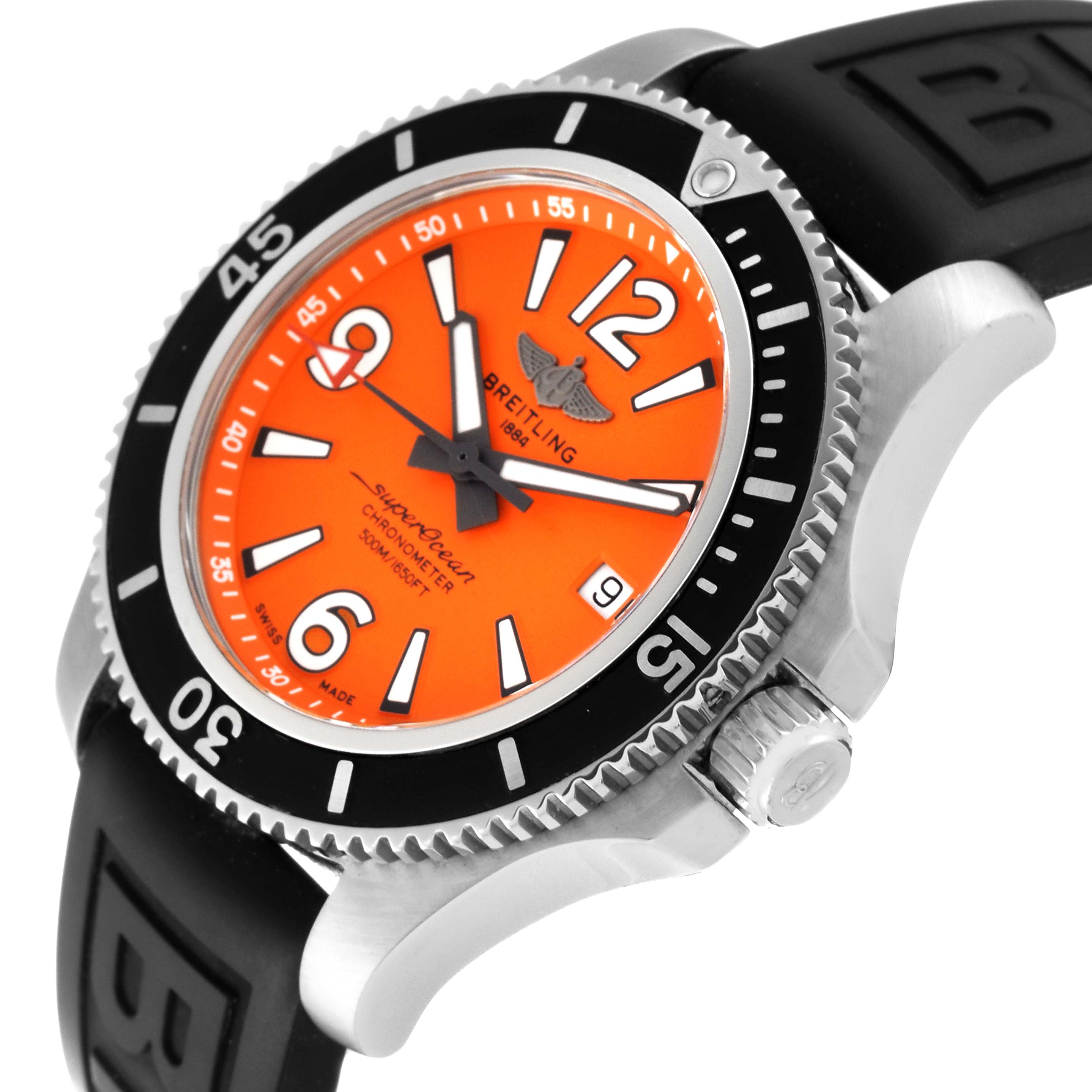 The image shows a close-up of the Breitling Superocean A17366 Men's Stainless Steel Orange Dial A17366 Men's Stainless Steel Orange Dial watch, highlighting its orange dial, bezel, and part of the black rubber strap.