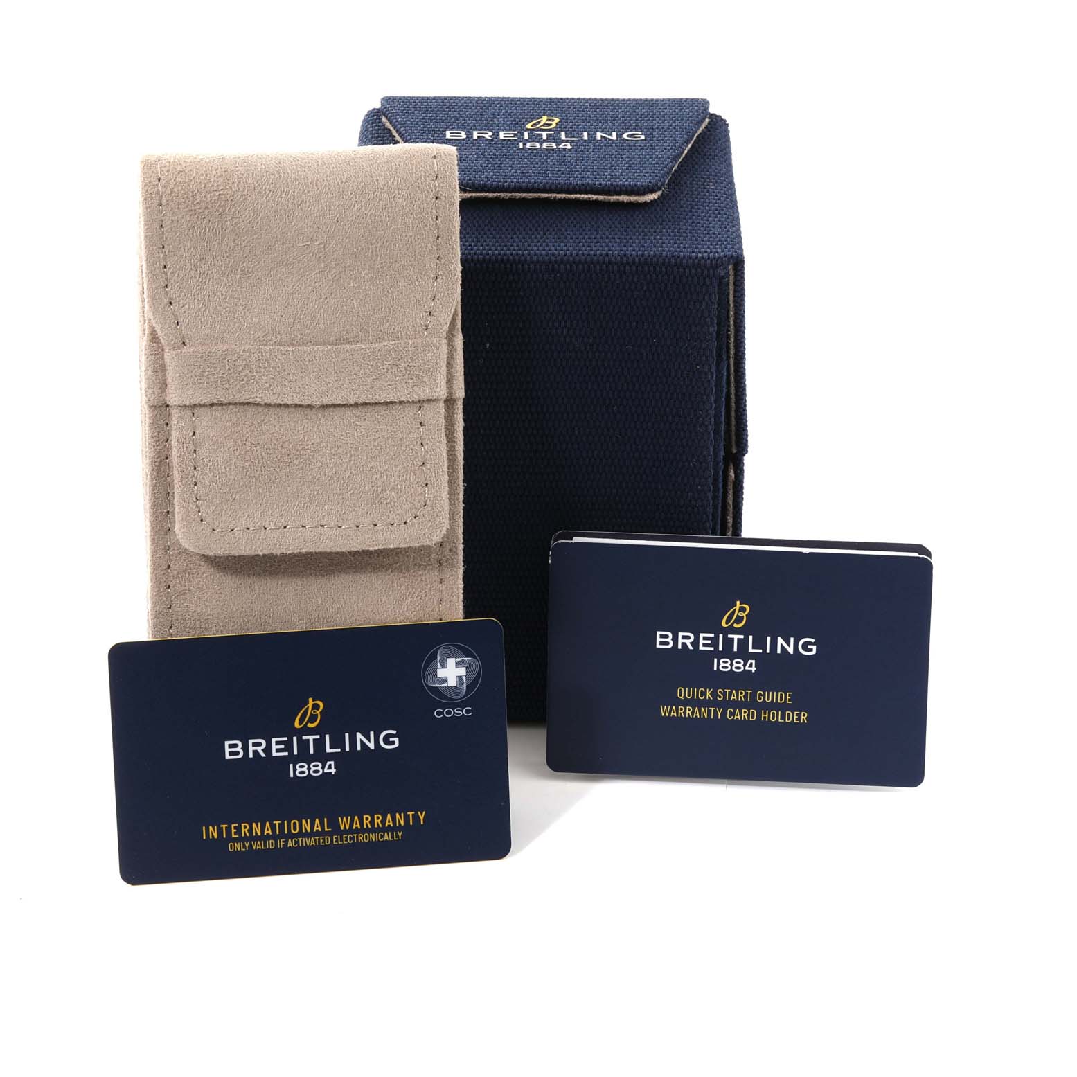 This image shows the box, warranty card, cardholder, and case for a Breitling Superocean A17366 Men's Stainless Steel Orange Dial A17366 Men's Stainless Steel Orange Dial watch.