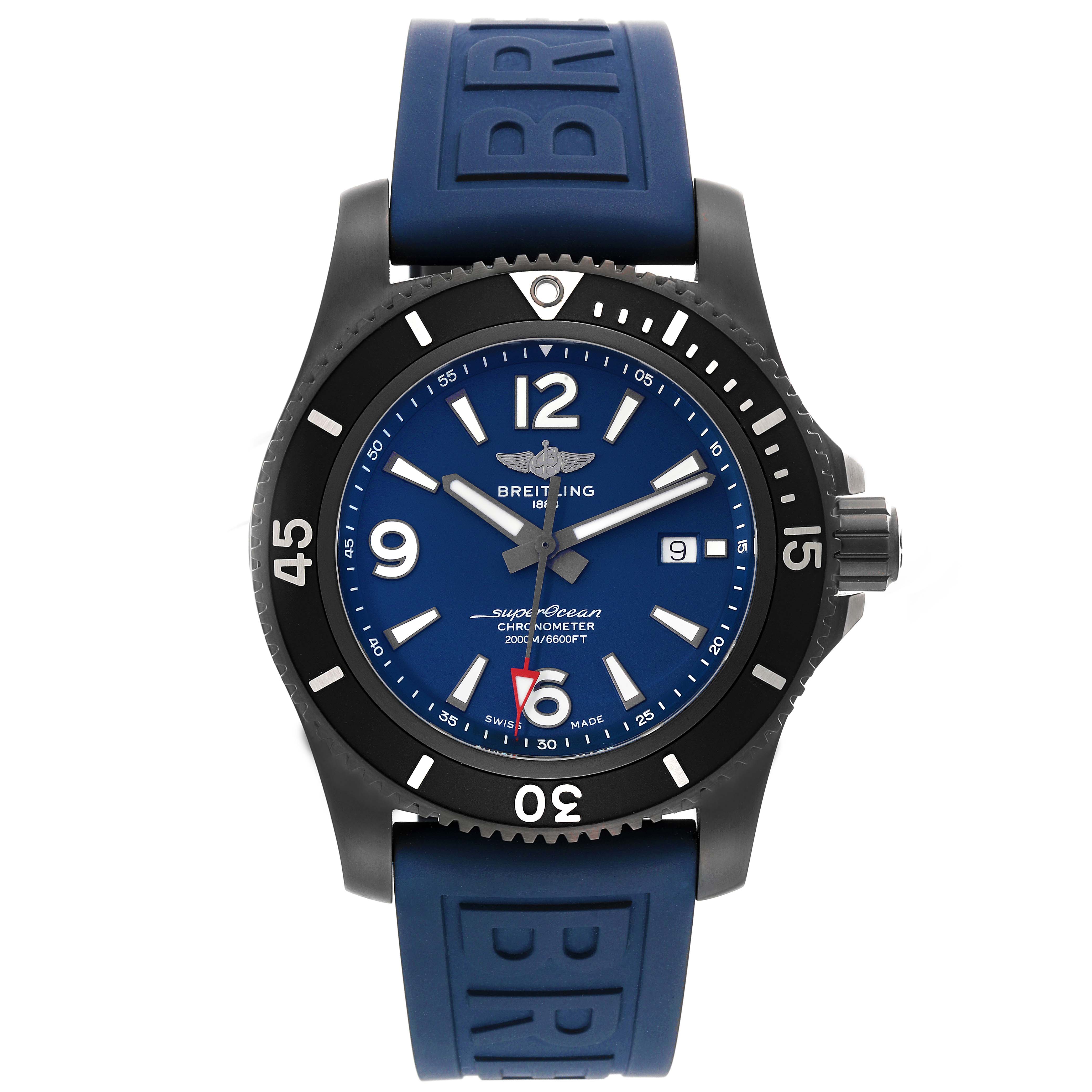 This image shows a front view of the Breitling Superocean M17368D71C1S2 Men's Stainless Steel Blue Dial M17368D71C1S2 Men's Stainless Steel Blue Dial watch, featuring a blue dial and blue rubber strap.