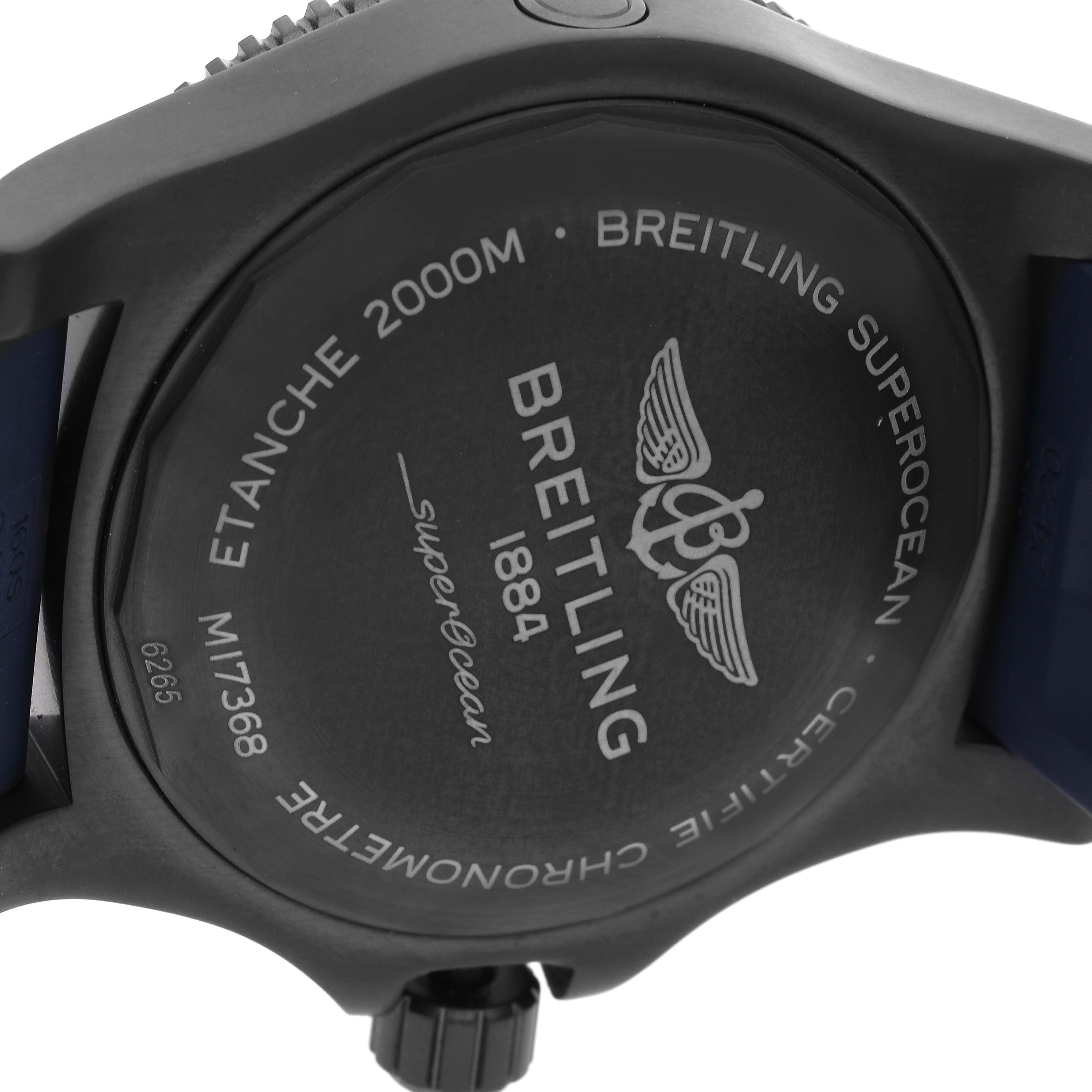This image shows the back case of a Breitling Superocean M17368D71C1S2 Men's Stainless Steel Blue Dial M17368D71C1S2 Men's Stainless Steel Blue Dial watch, highlighting details such as the brand logo and water resistance rating.