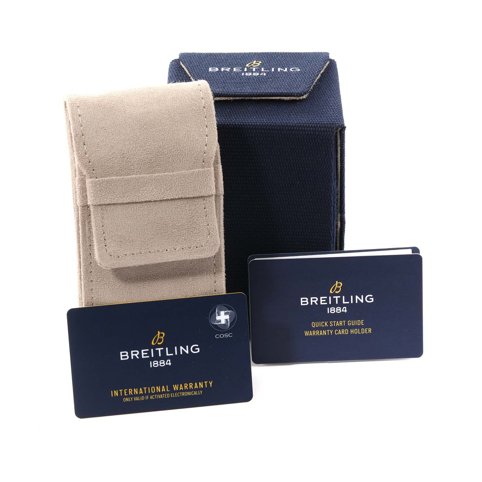 The image shows the packaging and accessories for a Breitling Superocean M17368D71C1S2 Men's Stainless Steel Blue Dial M17368D71C1S2 Men's Stainless Steel Blue Dial watch, including a beige pouch, warranty card, and quick start guide.