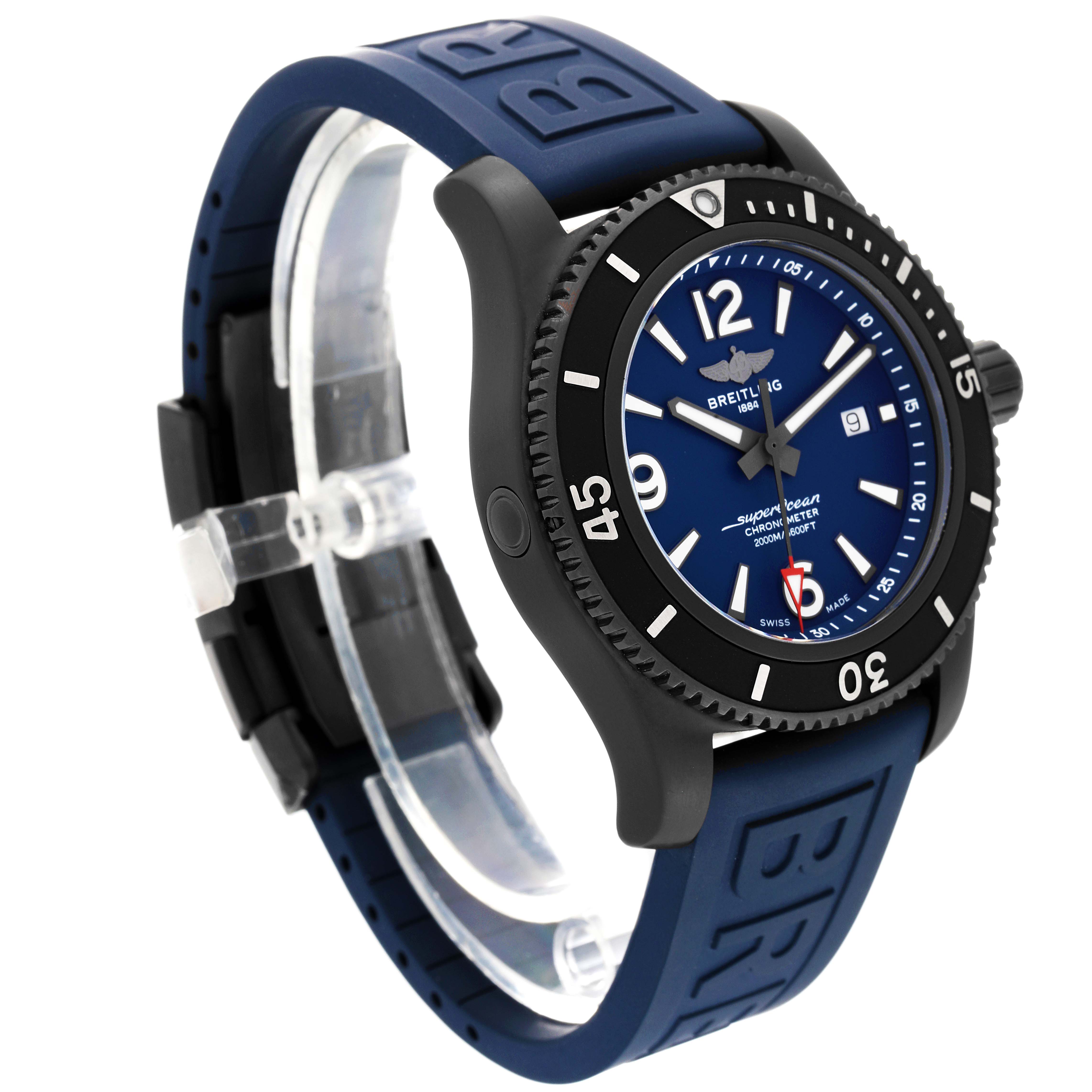 The image shows a Breitling Superocean M17368D71C1S2 Men's Stainless Steel Blue Dial M17368D71C1S2 Men's Stainless Steel Blue Dial watch at a three-quarter angle, highlighting the face, bezel, and blue strap.