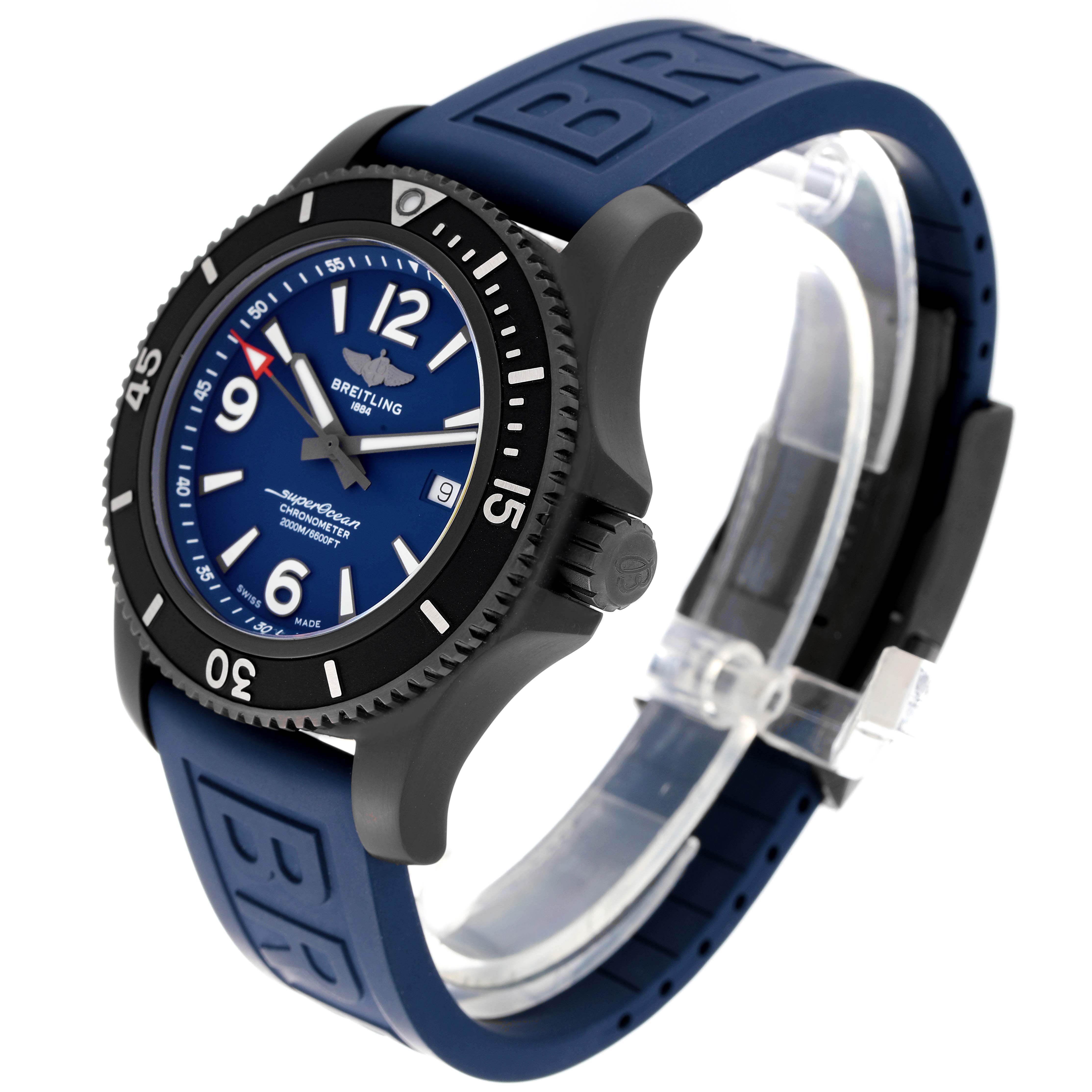 This Breitling Superocean M17368D71C1S2 Men's Stainless Steel Blue Dial M17368D71C1S2 Men's Stainless Steel Blue Dial watch is shown from a three-quarter angle, highlighting its face, bezel, crown, and blue strap.
