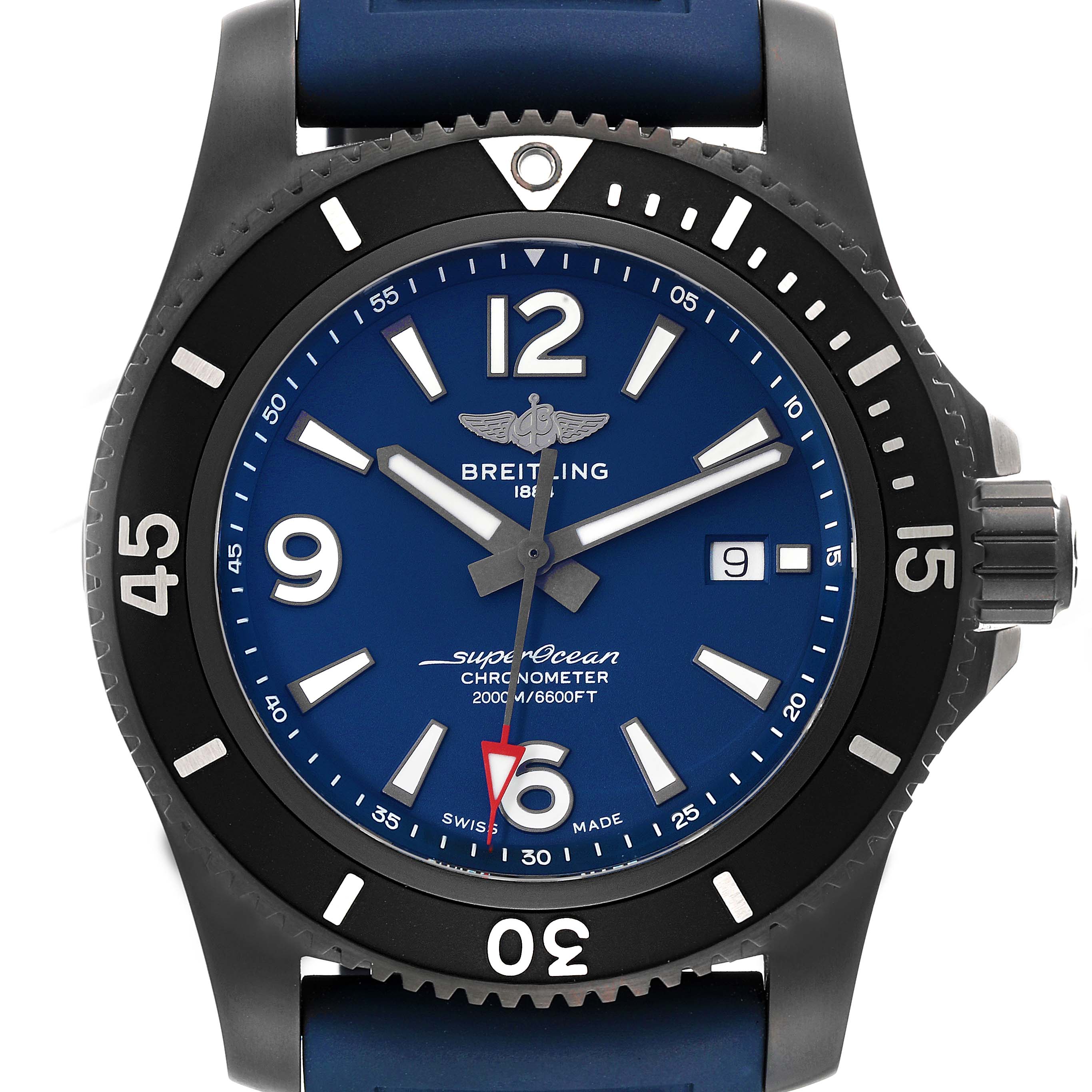 This image shows a front view of the Breitling Superocean M17368D71C1S2 Men's Stainless Steel Blue Dial M17368D71C1S2 Men's Stainless Steel Blue Dial watch, showcasing its blue dial, bezel, and crown.