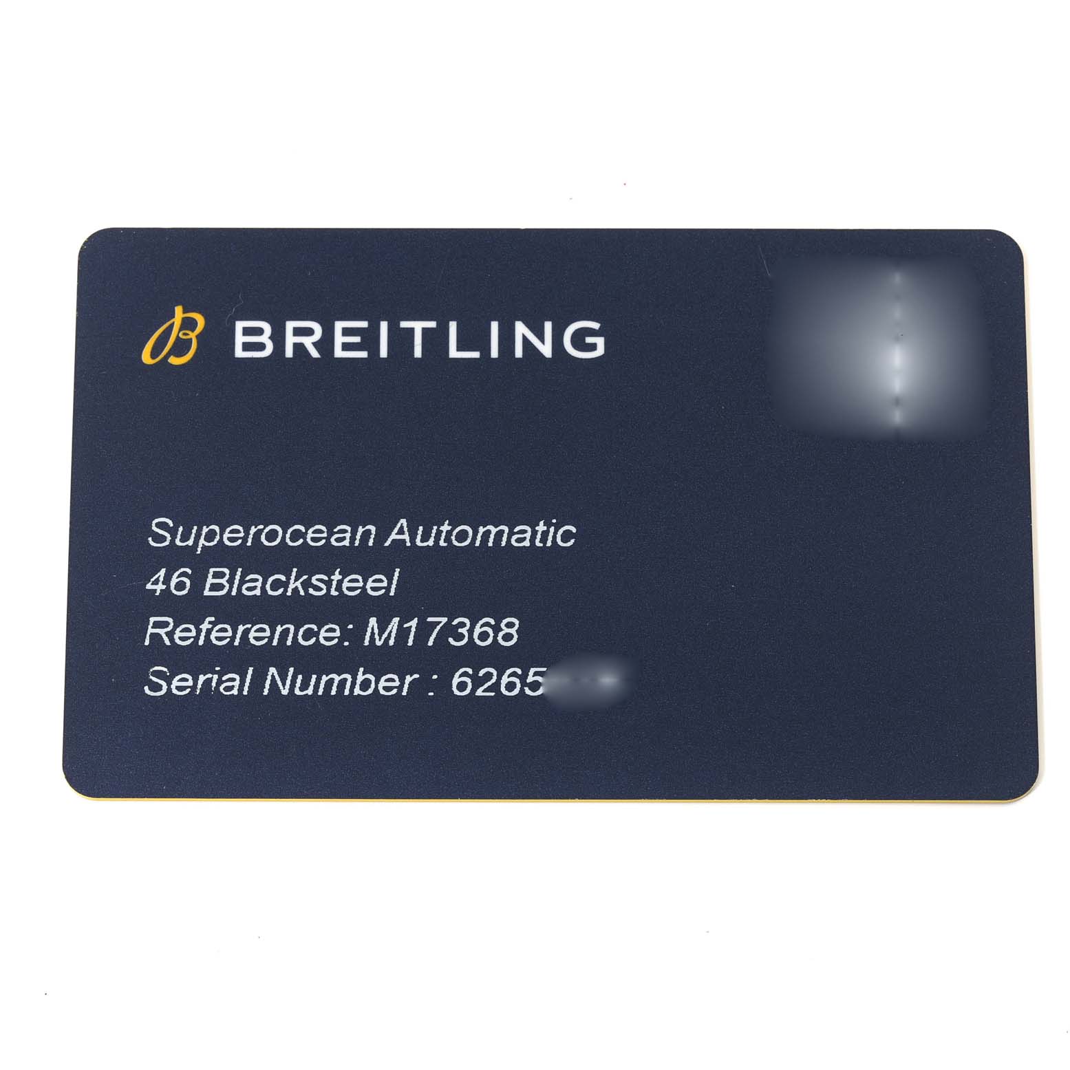 The image shows a warranty card for the Breitling Superocean M17368D71C1S2 Men's Stainless Steel Blue Dial M17368D71C1S2 Men's Stainless Steel Blue Dial Automatic, 46 Blacksteel model, with reference number M17368.