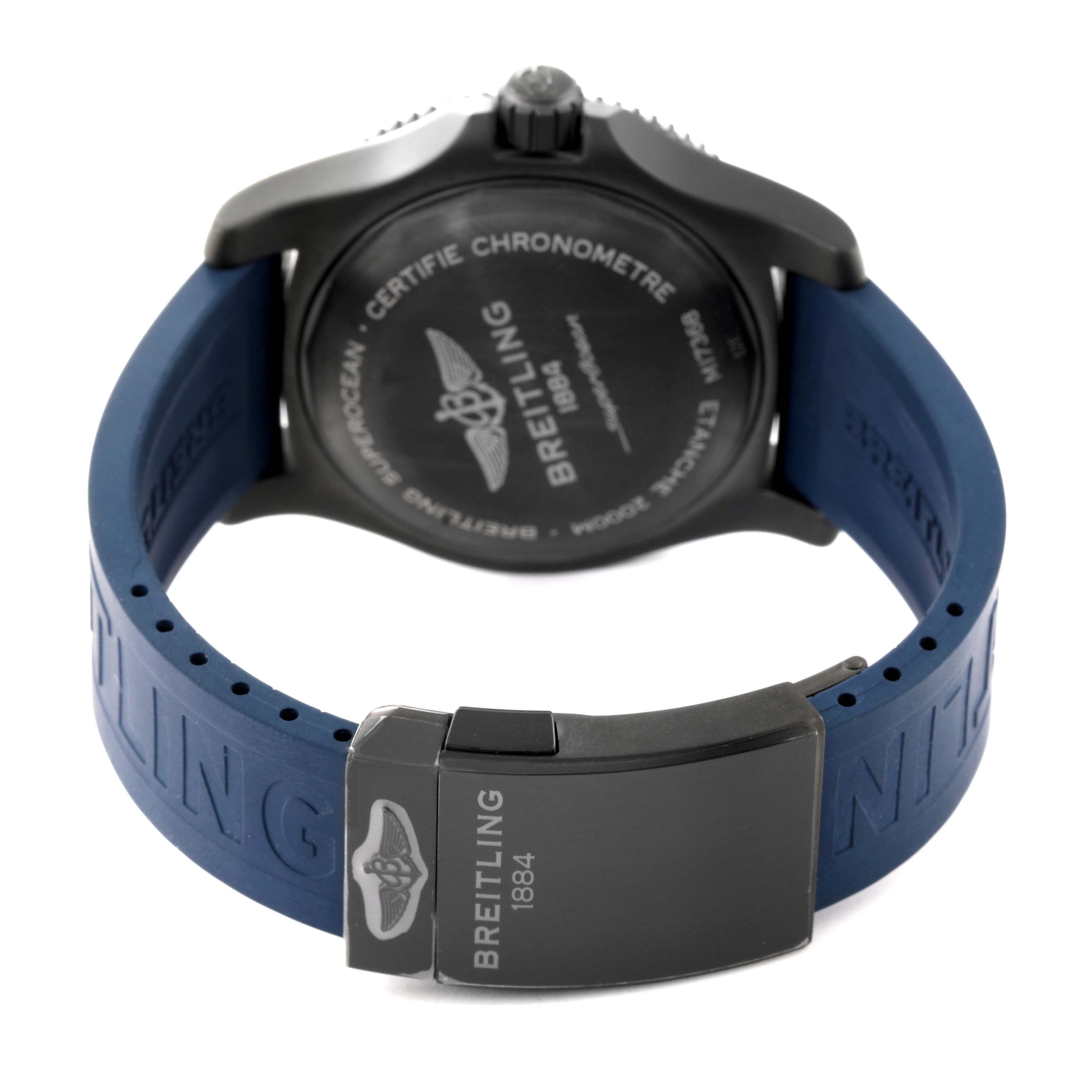 The image shows the back case and blue strap of the Breitling Superocean M17368D71C1S2 Men's Stainless Steel Blue Dial M17368D71C1S2 Men's Stainless Steel Blue Dial watch from a rear angle.