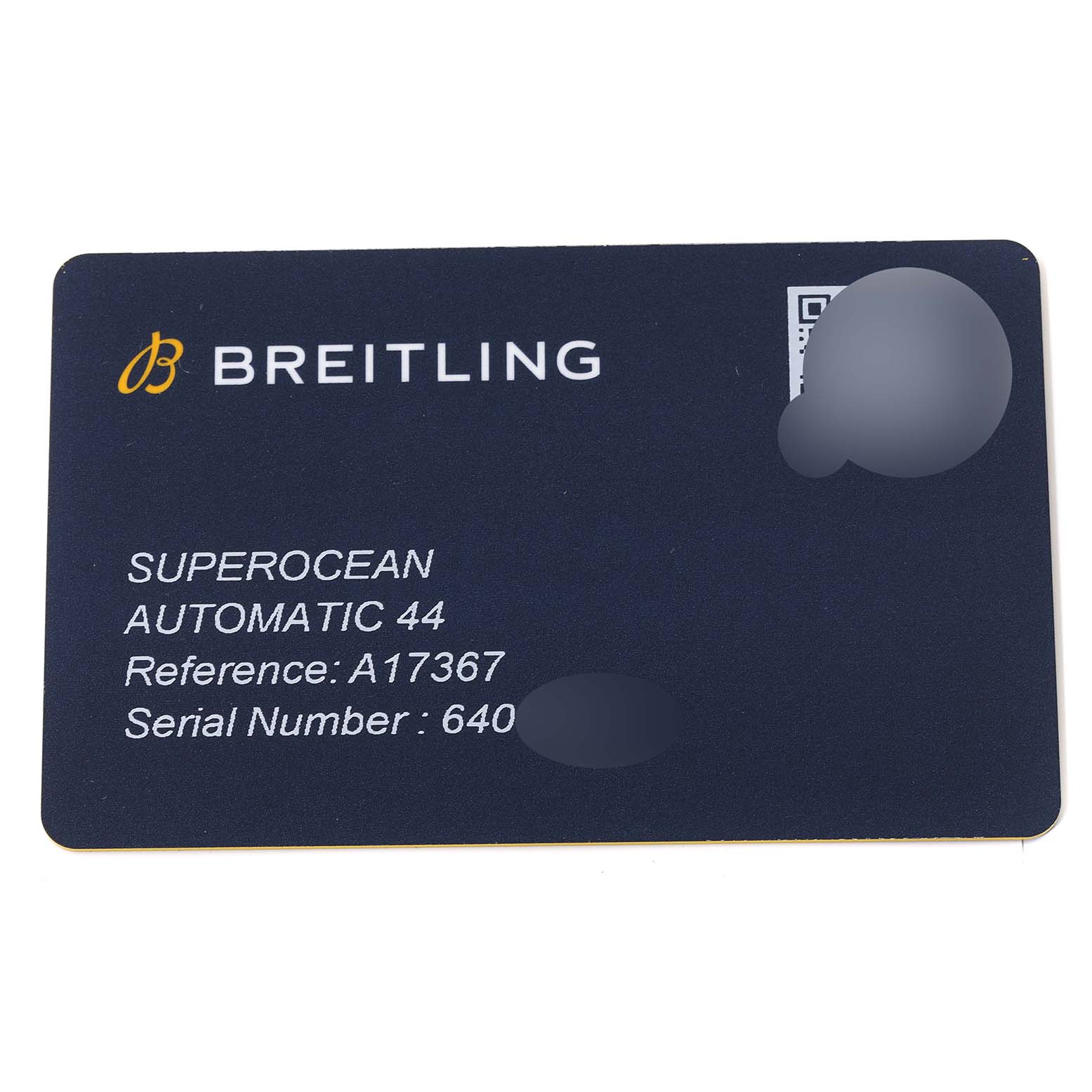 The image shows a warranty or identification card for the Breitling Superocean A17367 Men's Stainless Steel Yellow Dial A17367 Men's Stainless Steel Yellow Dial Automatic 44 watch, including reference and serial numbers.