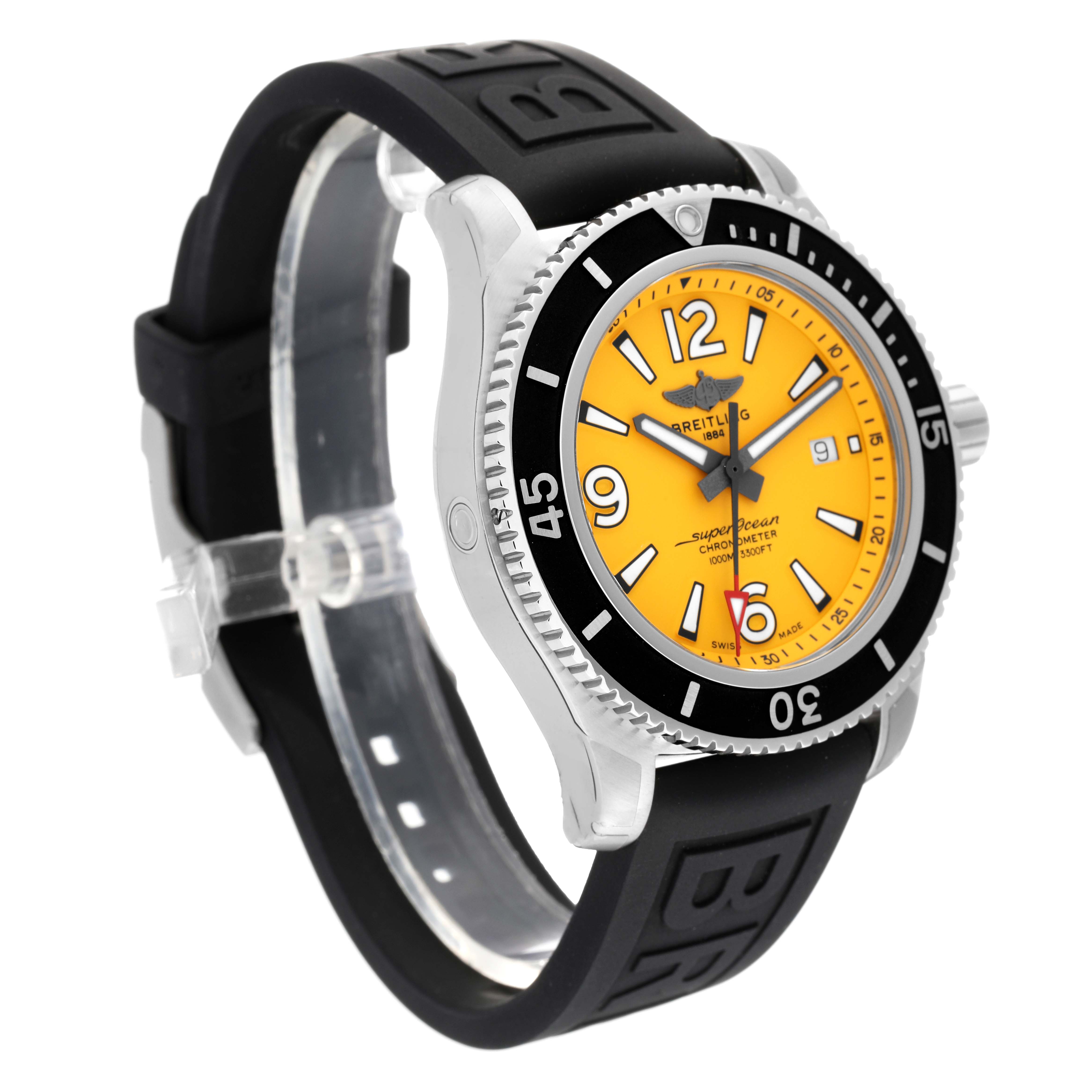 The Breitling Superocean A17367 Men's Stainless Steel Yellow Dial A17367 Men's Stainless Steel Yellow Dial watch is shown at a three-quarter angle, highlighting its yellow dial, black bezel, and black rubber strap.