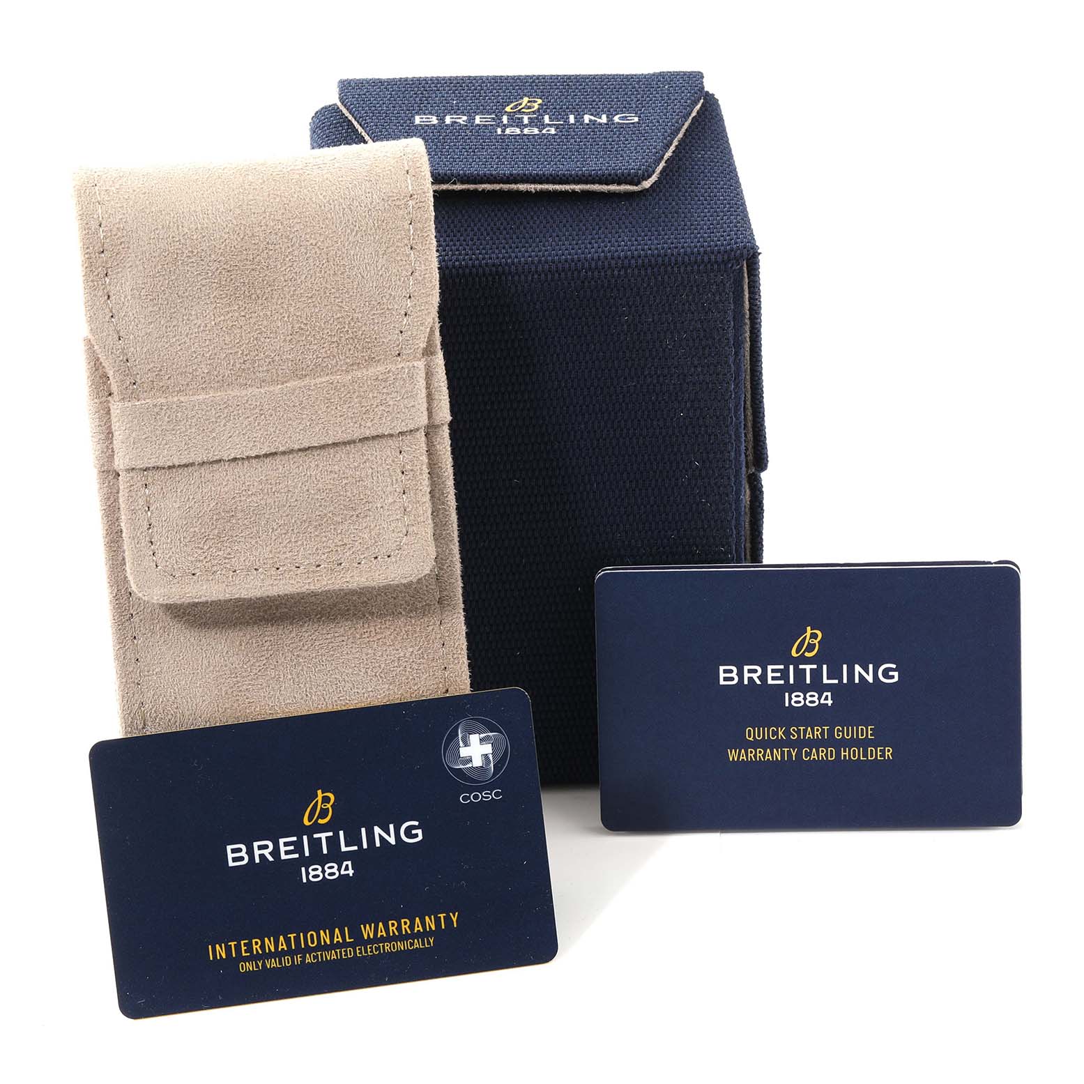 The image shows the packaging, warranty card, and quick start guide for the Breitling Superocean A17367 Men's Stainless Steel Yellow Dial A17367 Men's Stainless Steel Yellow Dial watch.