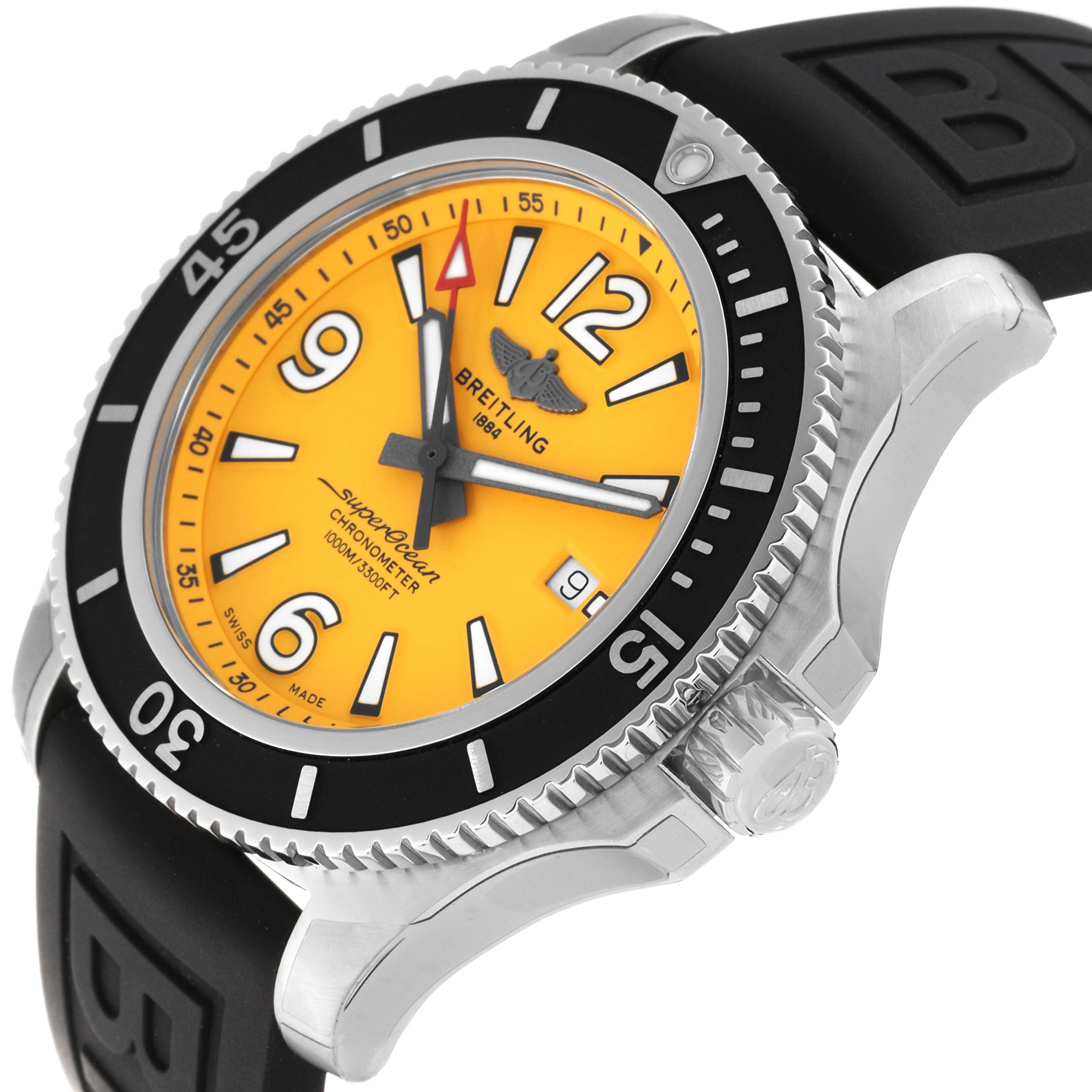The image shows a side angle of the Breitling Superocean A17367 Men's Stainless Steel Yellow Dial A17367 Men's Stainless Steel Yellow Dial watch, highlighting the bezel, crown, dial, and rubber strap.