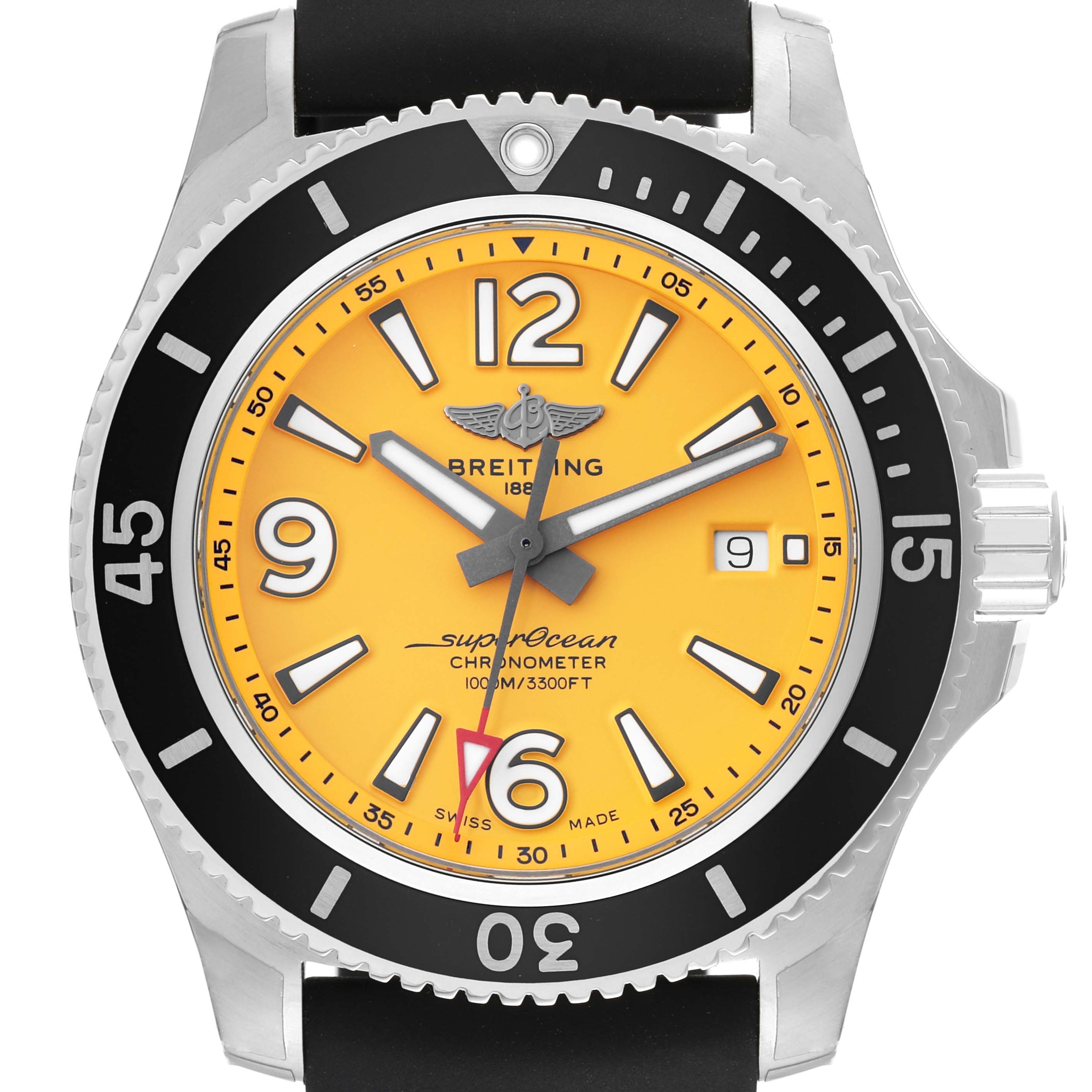 This Breitling Superocean A17367 Men's Stainless Steel Yellow Dial A17367 Men's Stainless Steel Yellow Dial watch shows a frontal view focusing on the bezel, dial, hands, date window, and part of the strap.