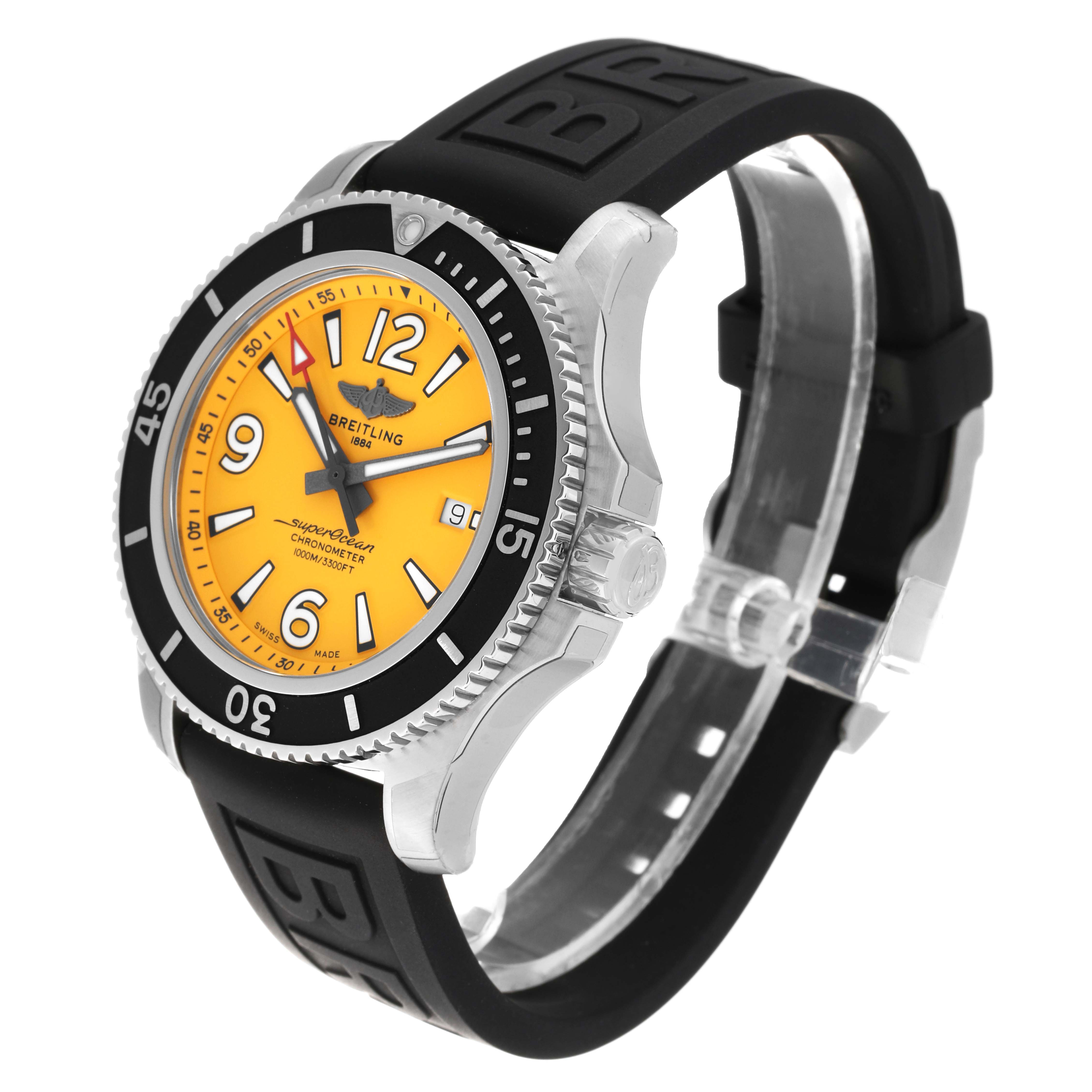 The image shows a Breitling Superocean A17367 Men's Stainless Steel Yellow Dial A17367 Men's Stainless Steel Yellow Dial watch at a slight angle, highlighting the face, bezel, crown, and rubber strap.