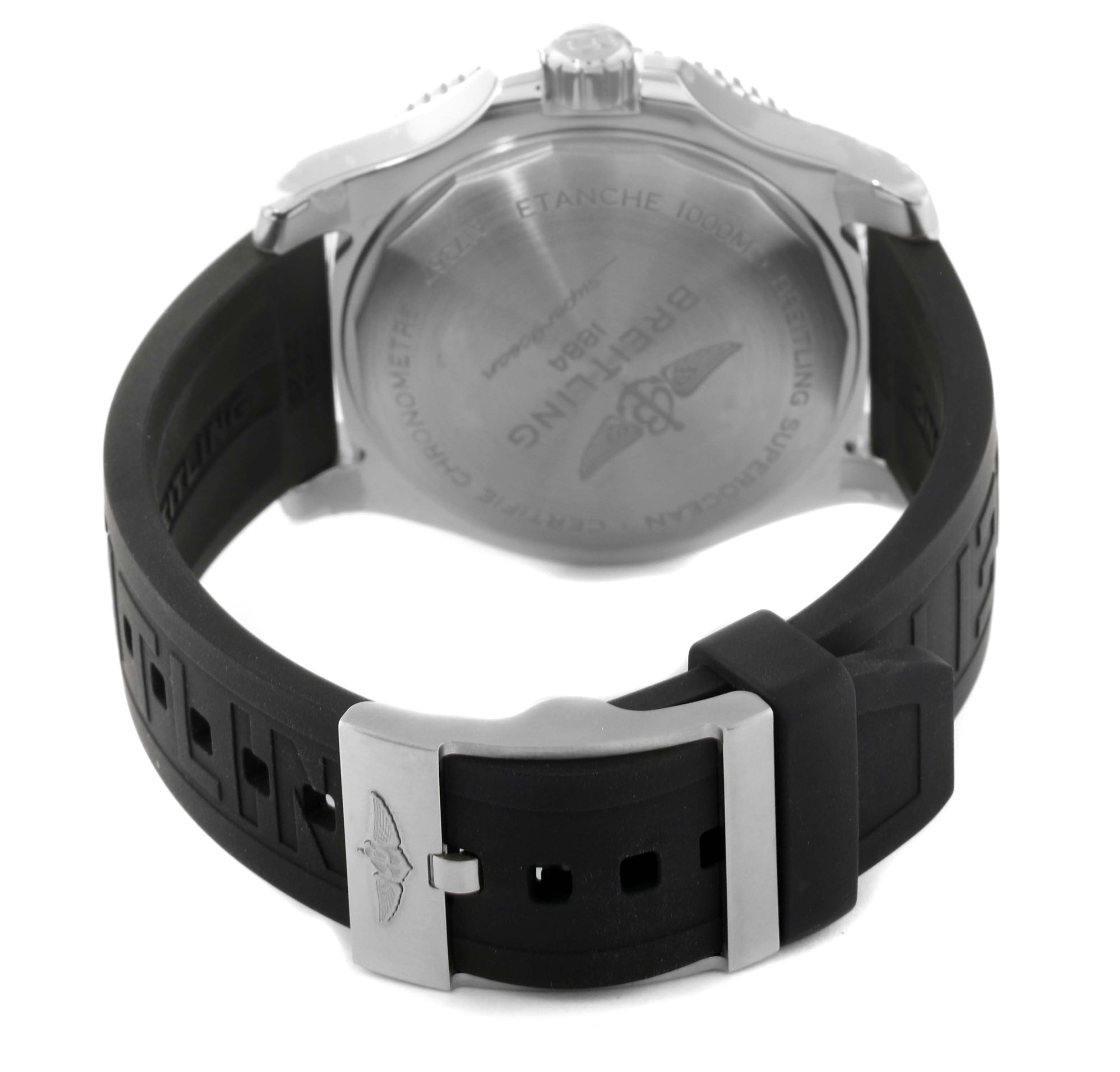 The image shows the back case and rubber strap with buckle of the Breitling Superocean A17367 Men's Stainless Steel Yellow Dial A17367 Men's Stainless Steel Yellow Dial watch.