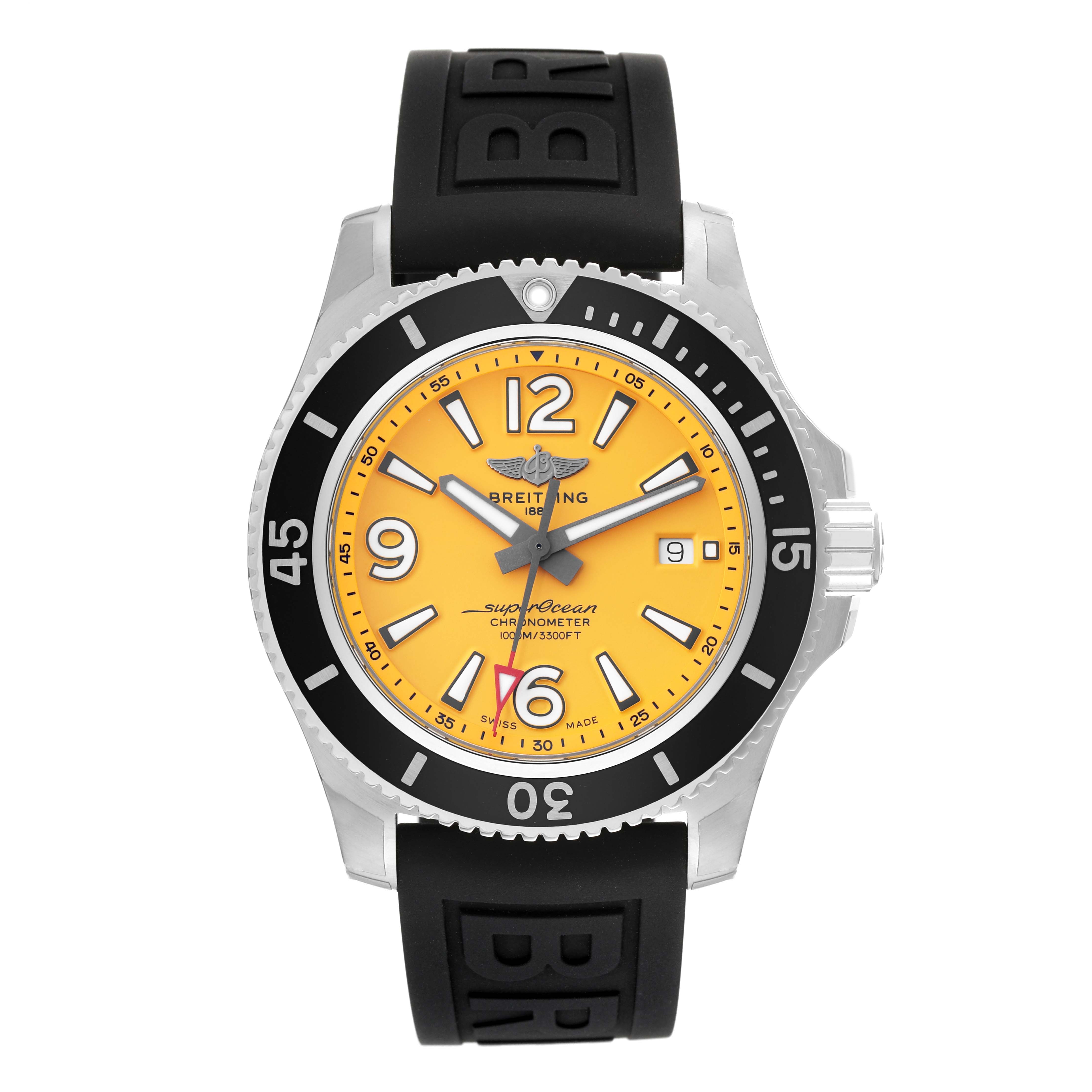 This image shows a front view of a Breitling Superocean A17367 Men's Stainless Steel Yellow Dial A17367 Men's Stainless Steel Yellow Dial watch with a yellow dial and black rubber strap.