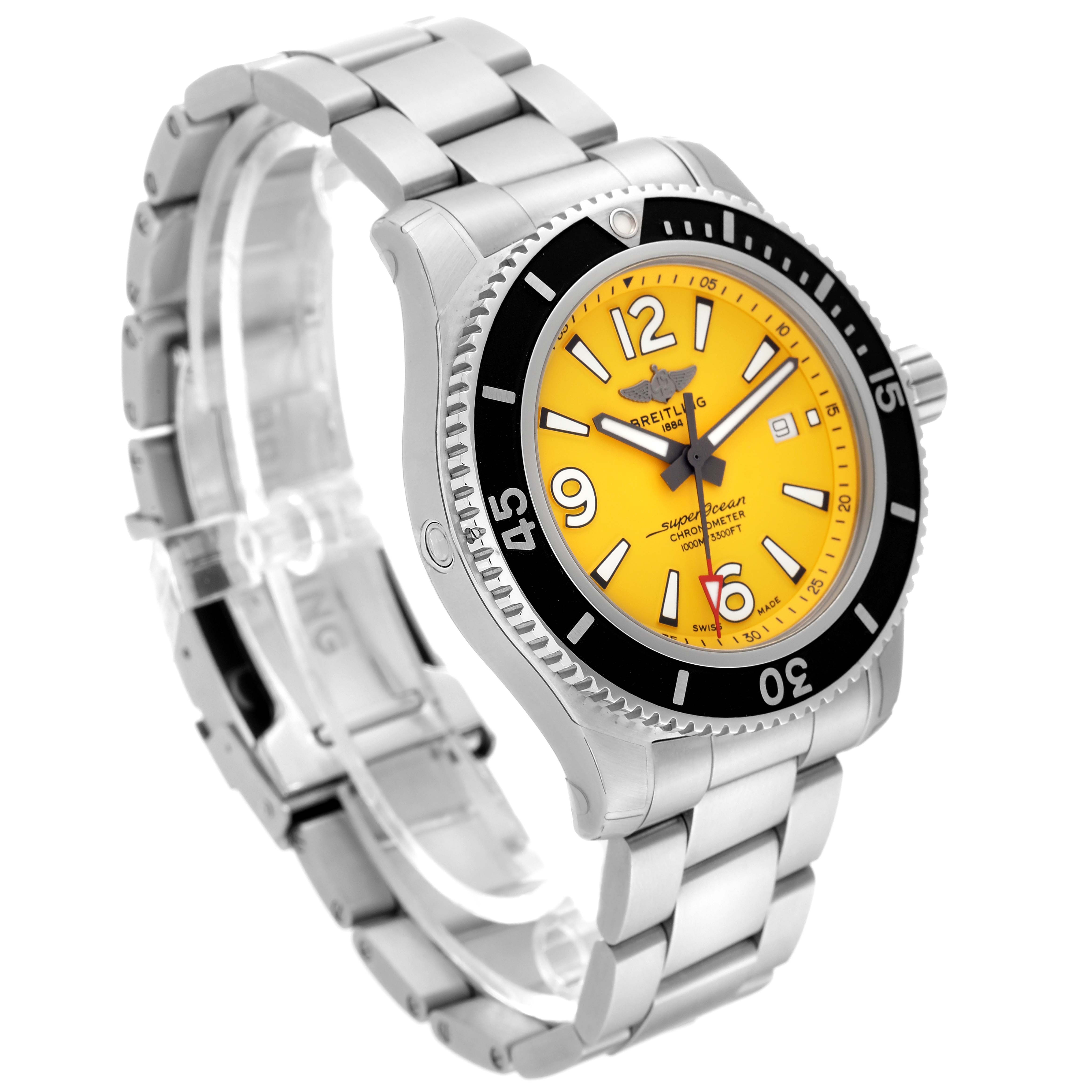 The image shows a side angle of the Breitling Superocean A17367 Men's Stainless Steel Yellow Dial A17367 Men's Stainless Steel Yellow Dial watch, highlighting its yellow dial, stainless steel bracelet, and bezel.