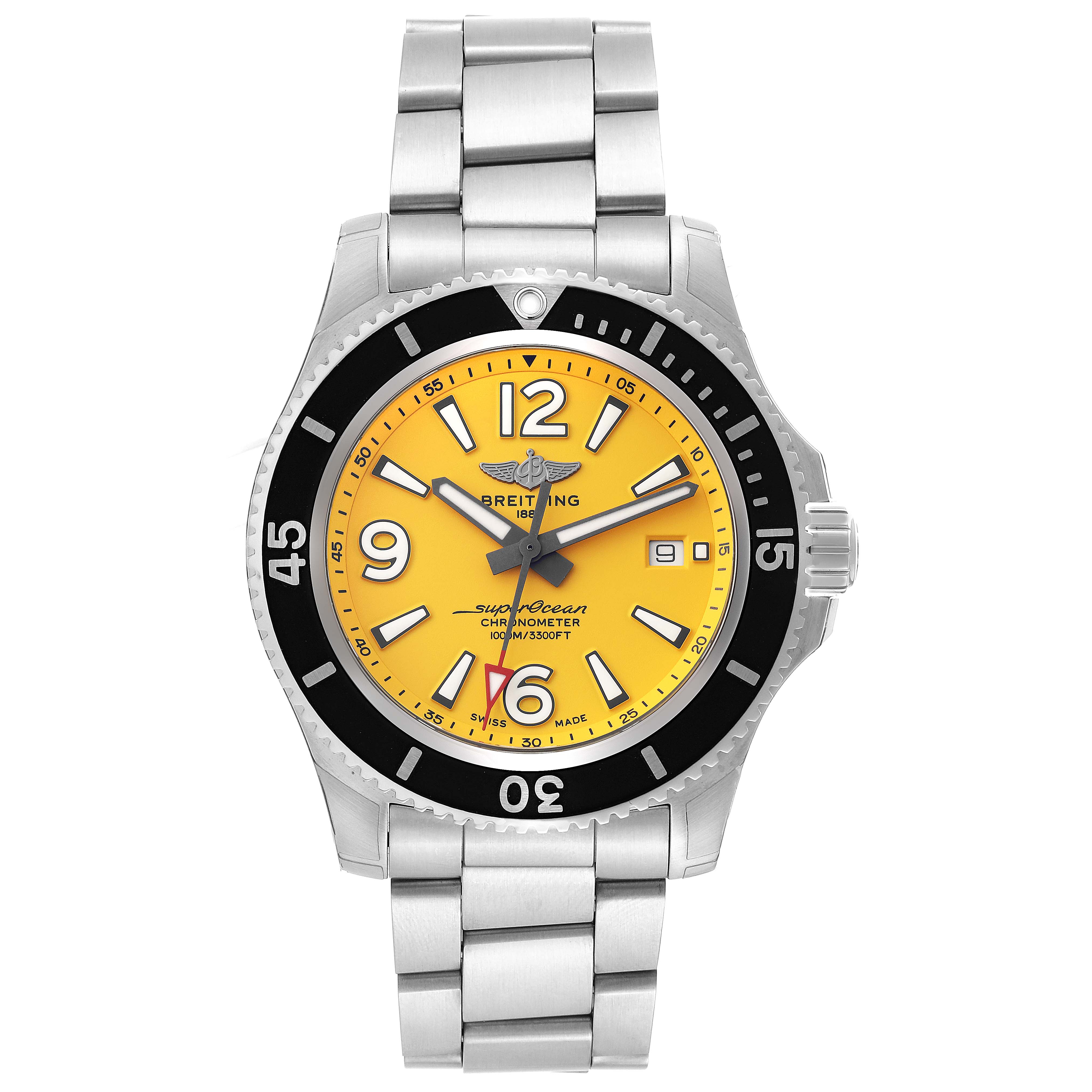The image shows a front view of the Breitling Superocean A17367 Men's Stainless Steel Yellow Dial A17367 Men's Stainless Steel Yellow Dial watch with a yellow dial and stainless steel bracelet.