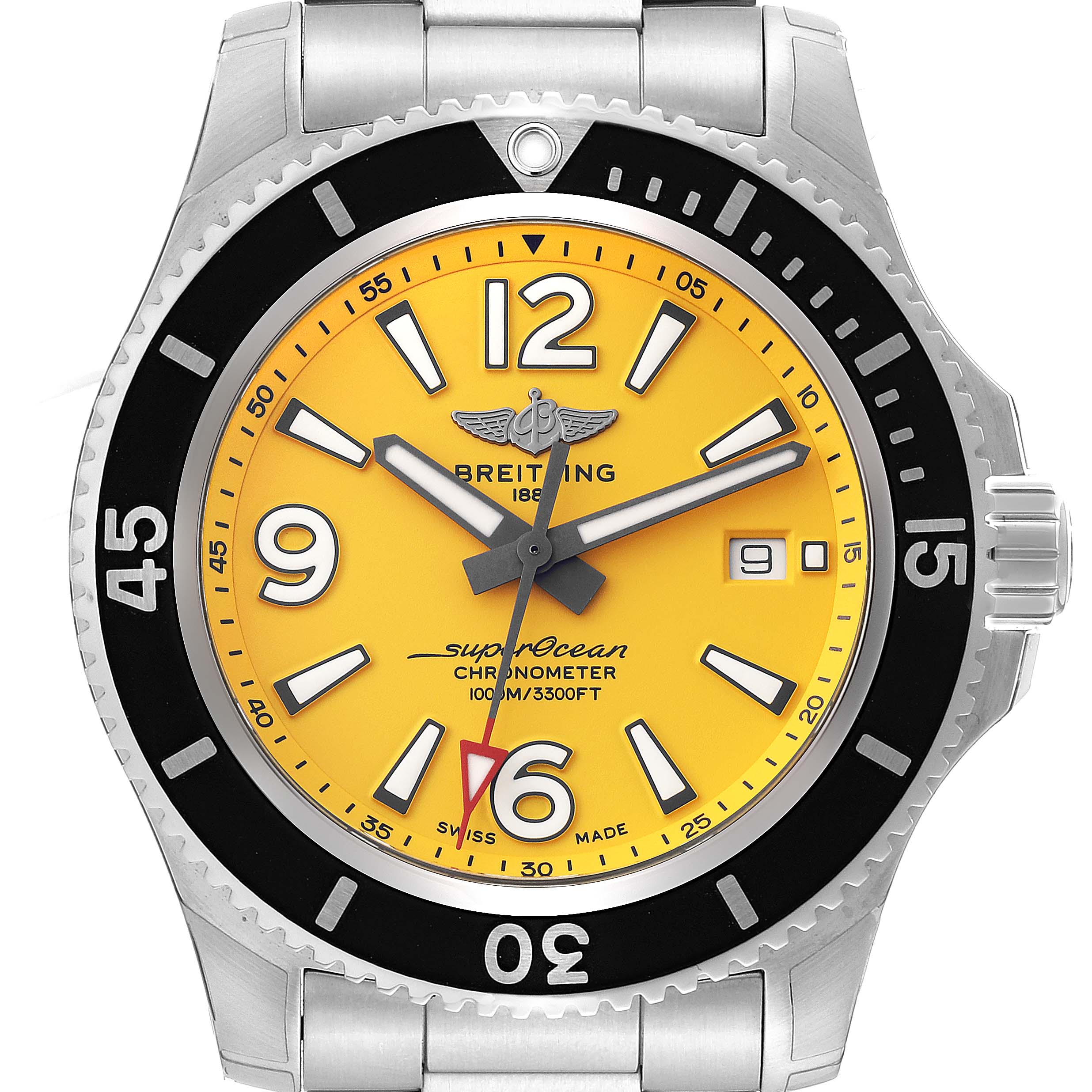 This image shows a front view of the Breitling Superocean A17367 Men's Stainless Steel Yellow Dial A17367 Men's Stainless Steel Yellow Dial watch, displaying its bezel, dial, hands, and markers.