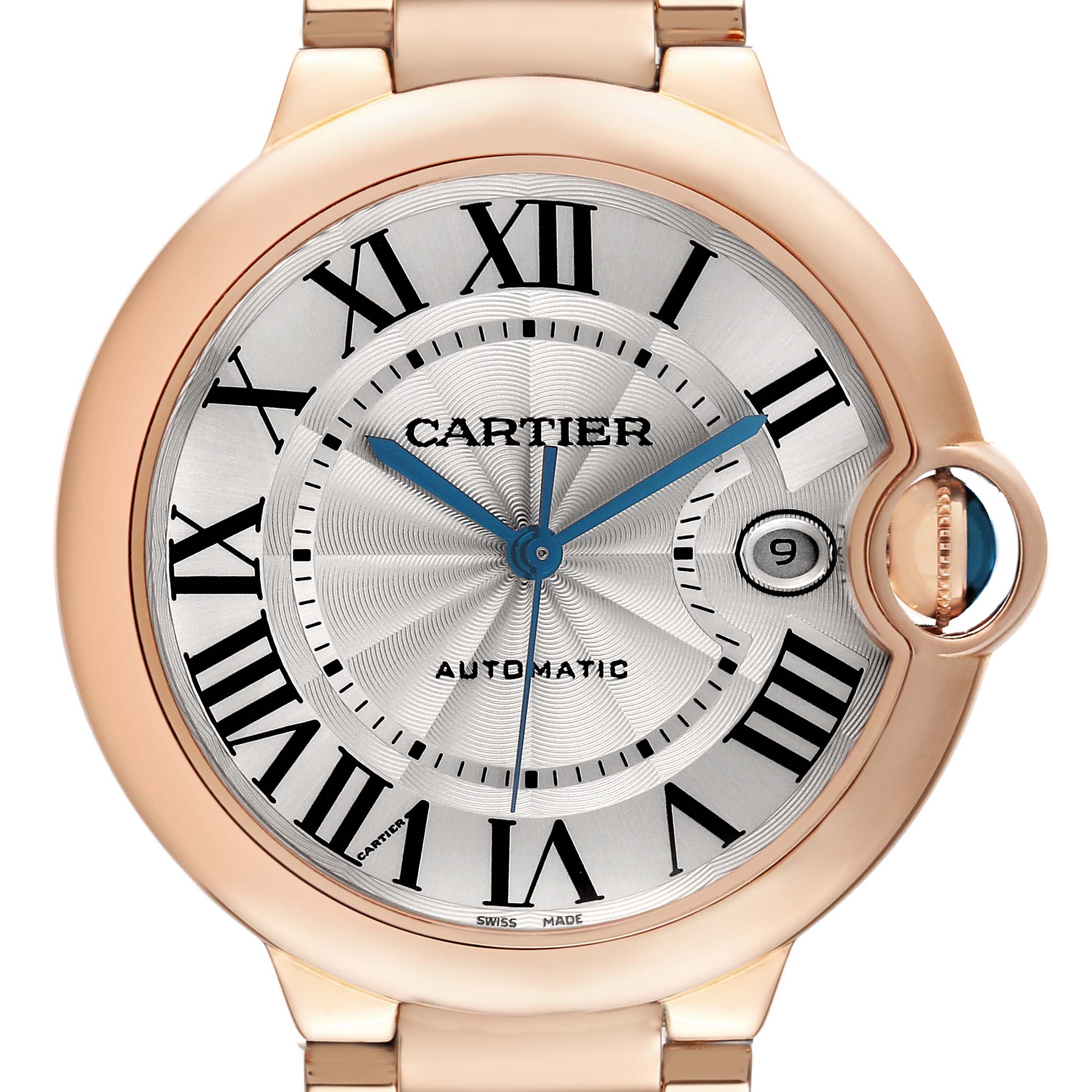 The Cartier Ballon Bleu WGBB0039 Men's Rose Gold Silver Dial watch is shown from the front, highlighting its face, dial, Roman numerals, and distinctive crown.