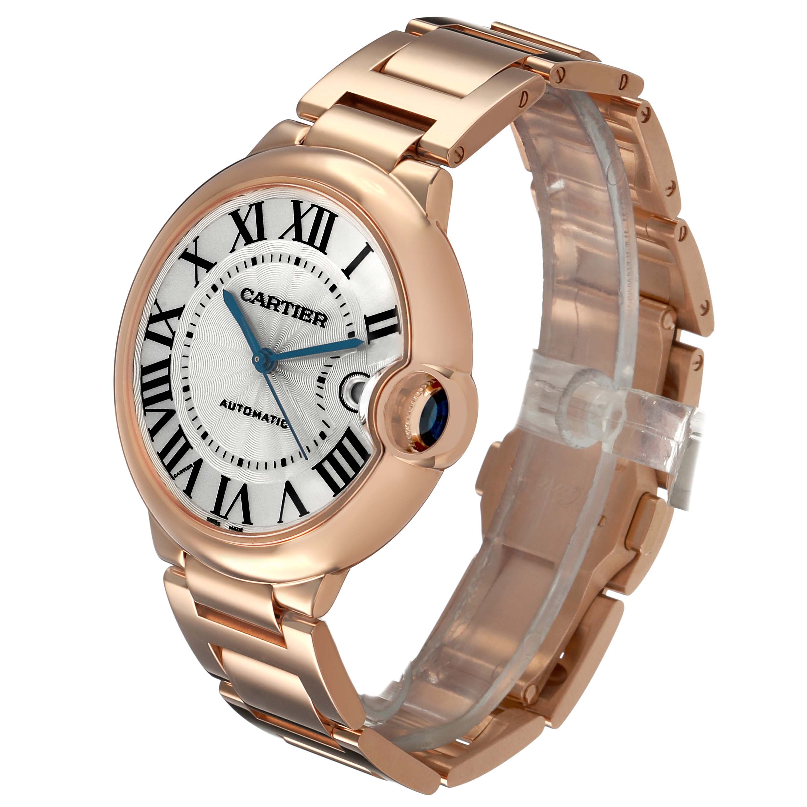 The image shows a Cartier Ballon Bleu WGBB0039 Men's Rose Gold Silver Dial watch at a side angle, highlighting its dial, bracelet, and distinctive crown.